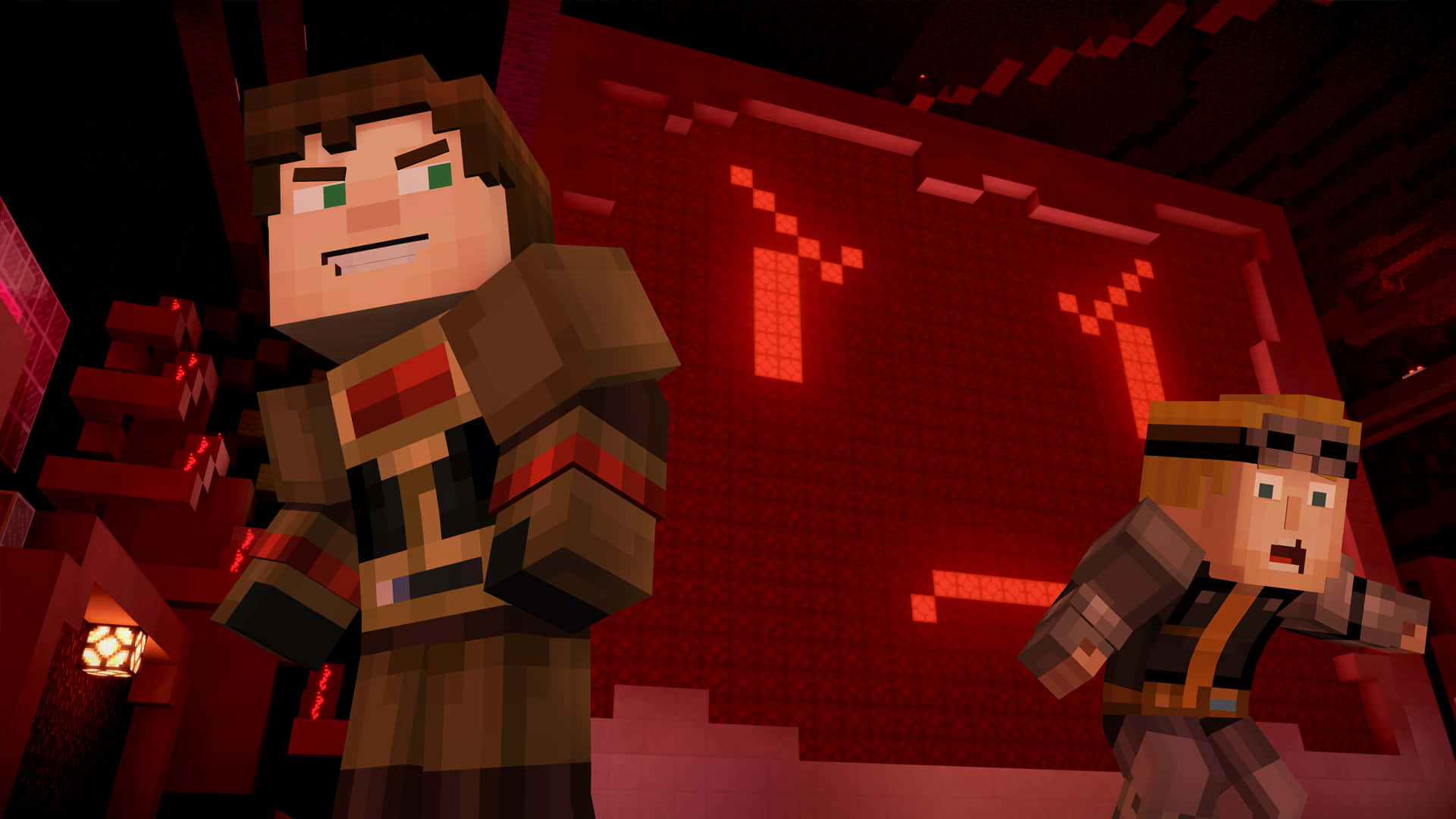 Minecraft Story Mode, red pixelated room, glowing red blocks, Full HD Desktop Wallpaper