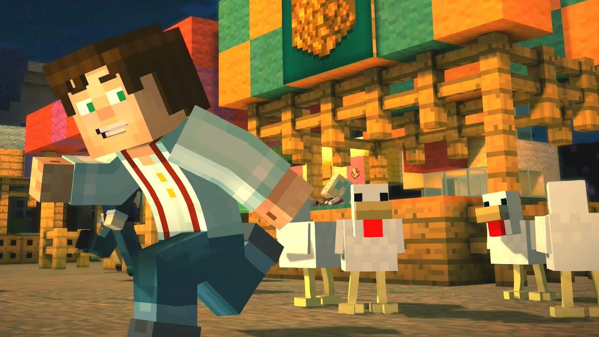 Minecraft Story Mode, pixelated Minecraft character, chickens, Full HD Desktop Wallpaper