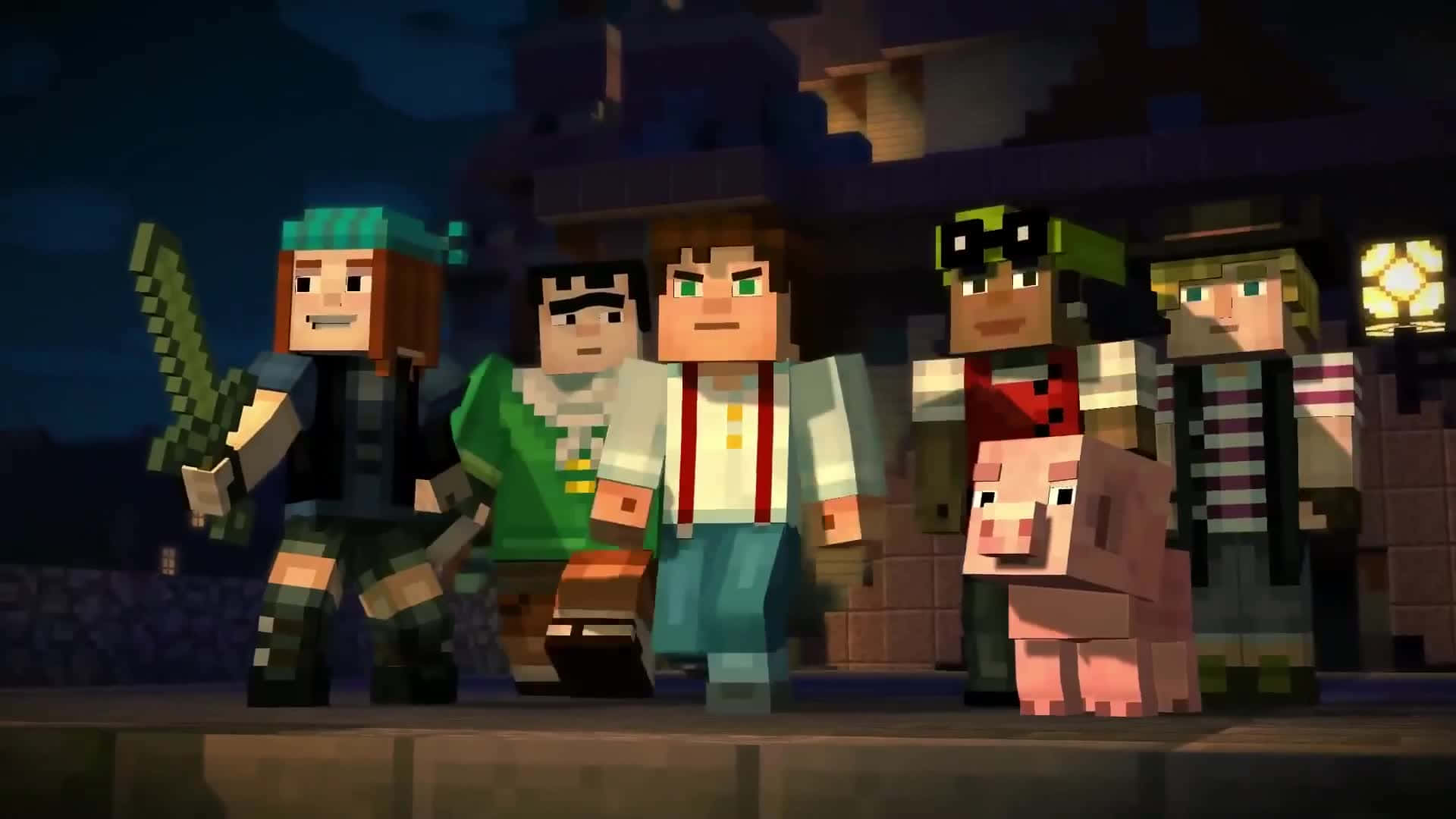 Minecraft: Story Mode, five Minecraft characters, a pig, Full HD Desktop Wallpaper