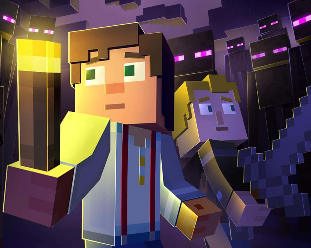 Minecraft Story Mode, blocky Minecraft characters, glowing purple-eyed creepers, HD Desktop Wallpaper