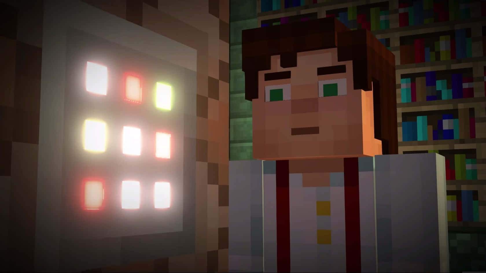 Minecraft Story Mode, glowing red and white button panel, bookshelf-lined room, HD Desktop Wallpaper