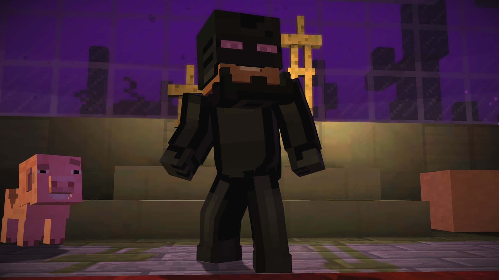 Minecraft Story Mode, pixelated Minecraft character, glowing eyes, Full HD Desktop Wallpaper