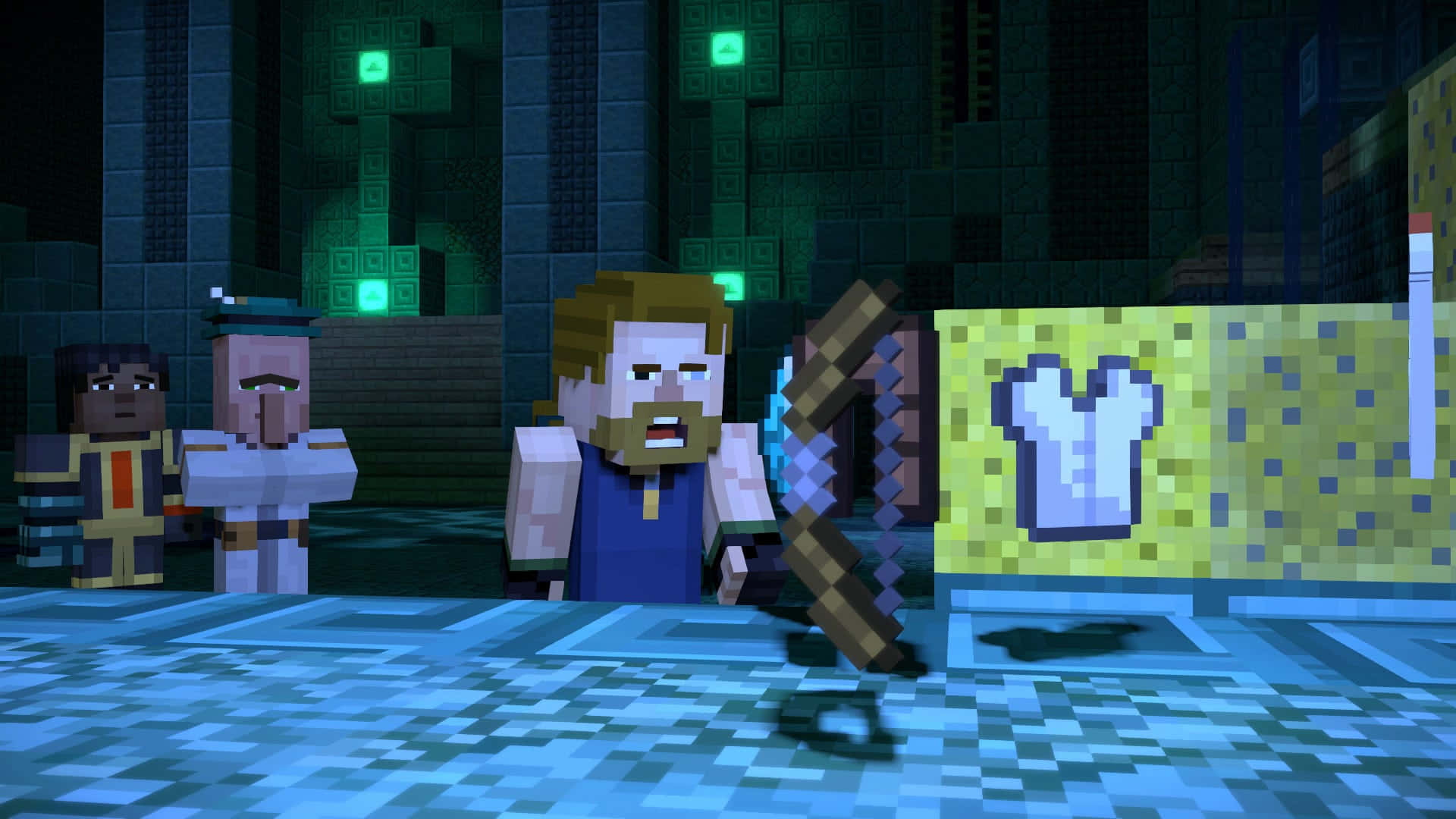 Minecraft Story Mode, pixelated Minecraft characters, dimly lit dungeon, Full HD Desktop Wallpaper