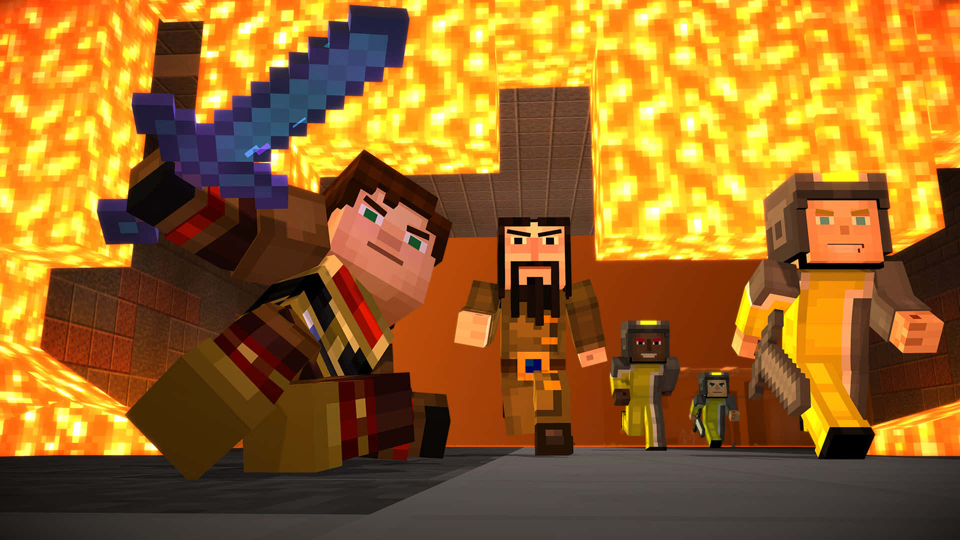 Minecraft Story Mode, Minecraft characters, glowing lava backdrop, Full HD Desktop Wallpaper