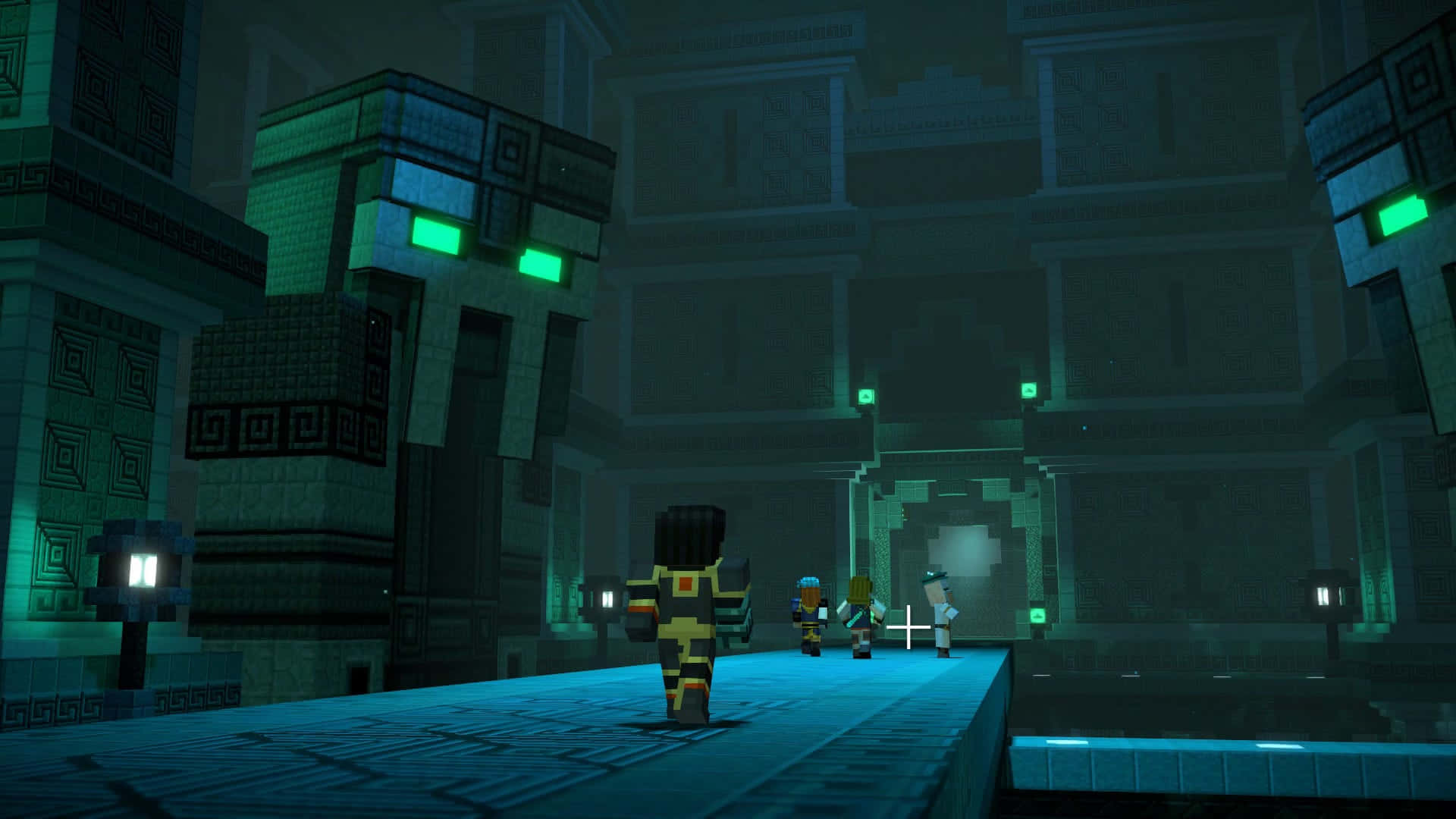 Minecraft Story Mode, glowing green eyes, stone pillars, Full HD Desktop Wallpaper