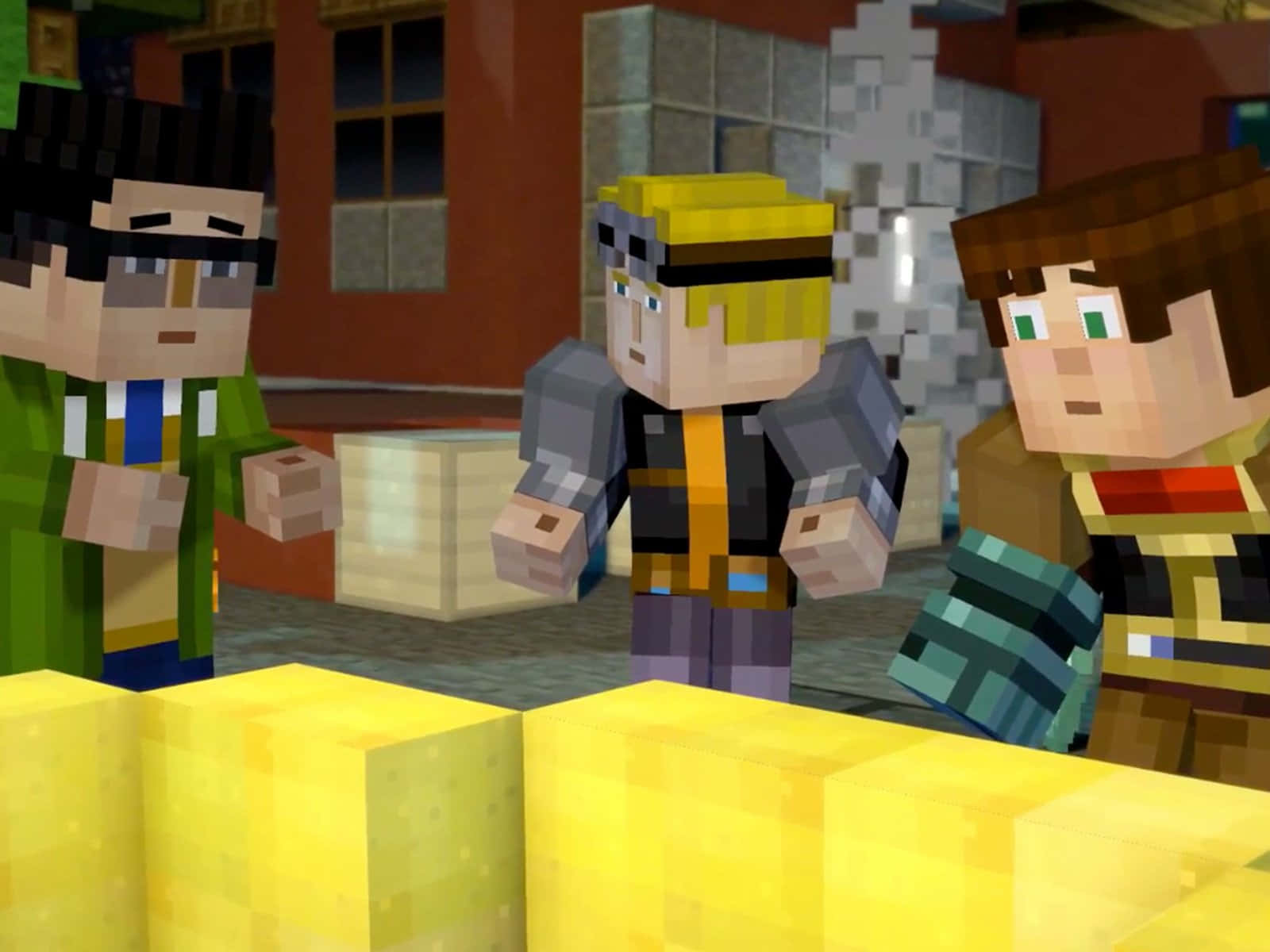Minecraft Story Mode, pixelated Minecraft characters, blocky urban scene, HD Desktop Wallpaper