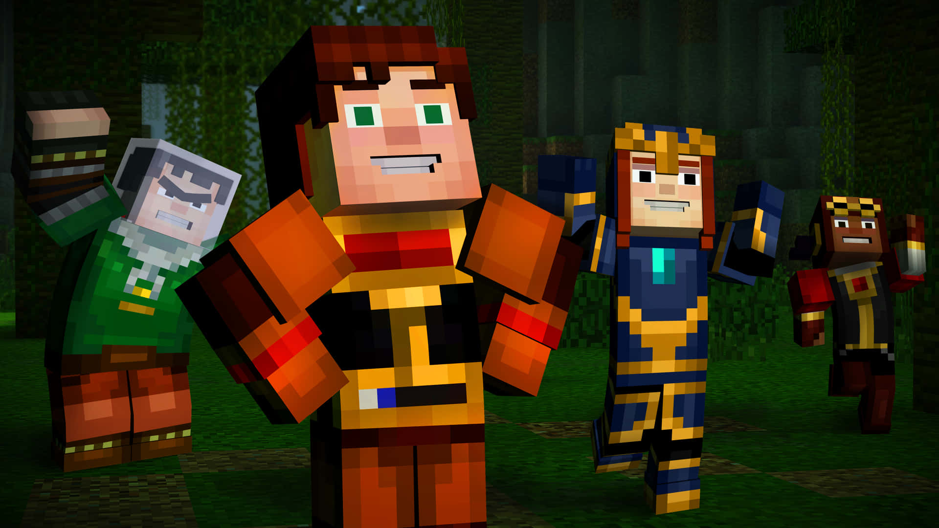 Minecraft Story Mode, blocky Minecraft-style adventurers, dense forest, Full HD Desktop Wallpaper