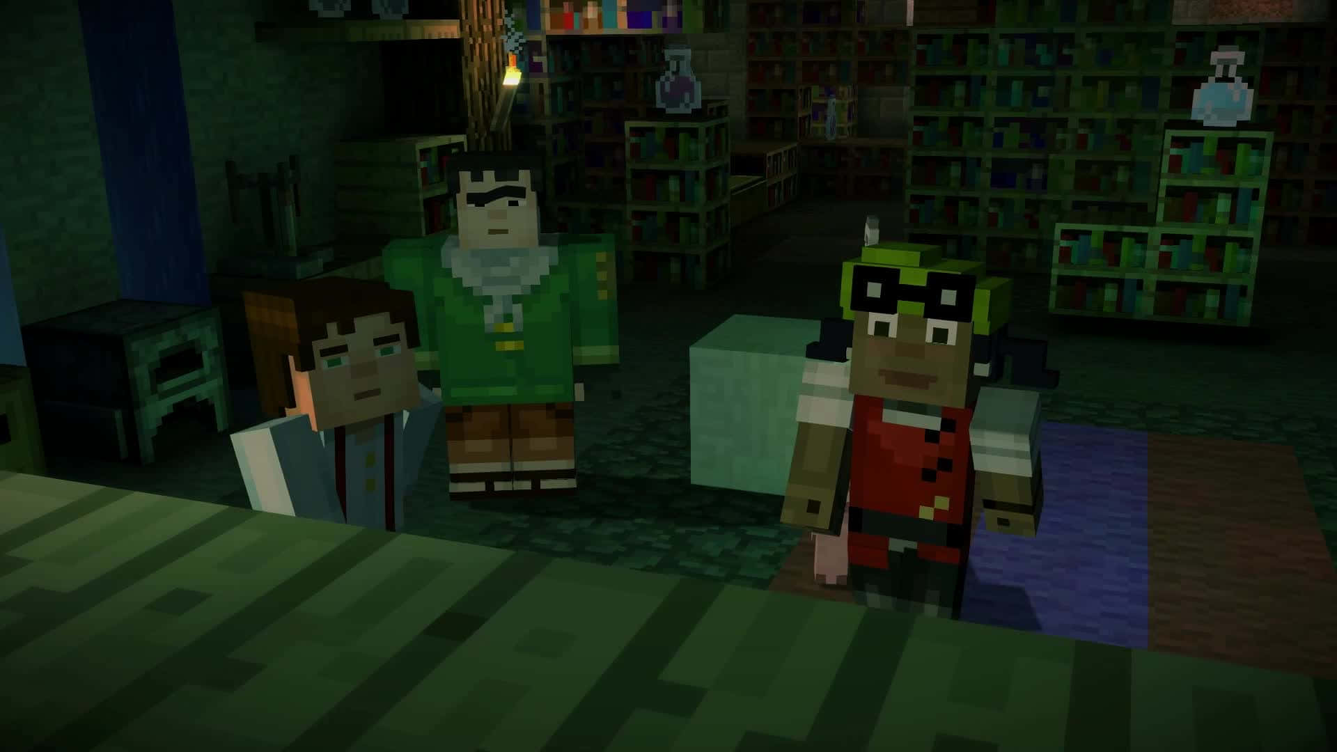 Minecraft Story Mode, library, bookshelves, Full HD Desktop Wallpaper