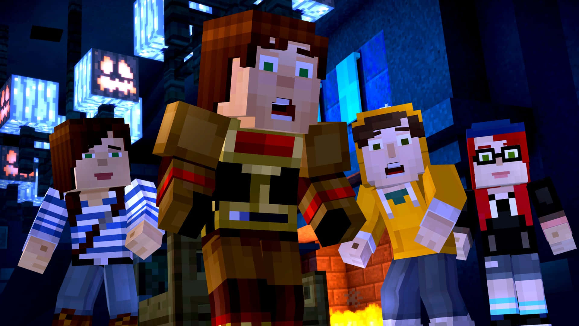 Minecraft Story Mode, blocky Minecraft-style characters, dark urban alley, Full HD Desktop Wallpaper