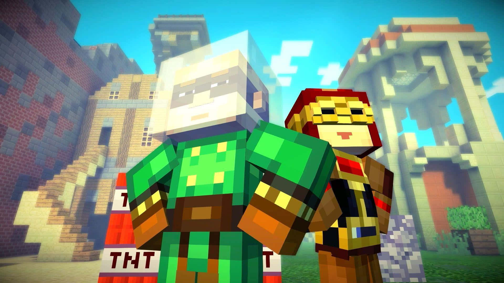 Minecraft Story Mode, TNT block, blocky village, Full HD Desktop Wallpaper