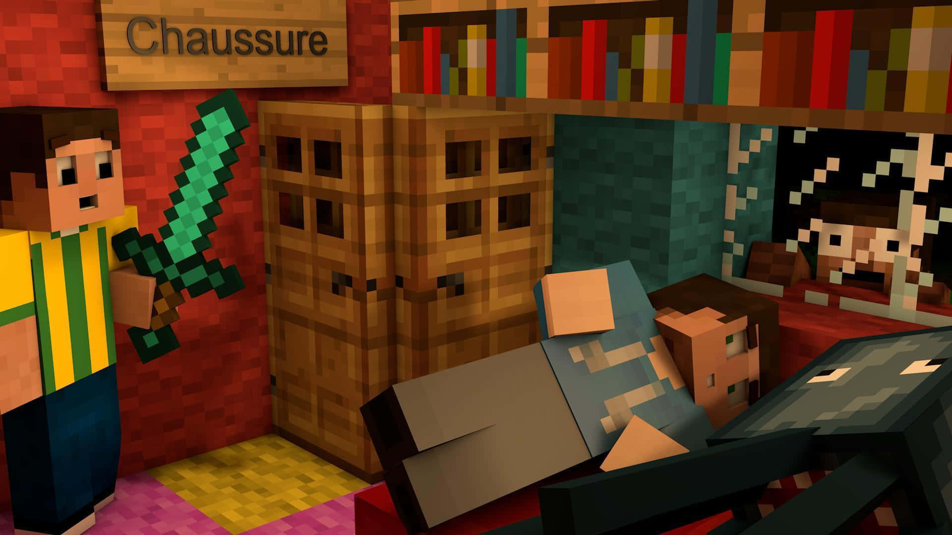 Minecraft Story Mode, pixelated Minecraft characters, cozy room, Full HD Desktop Wallpaper