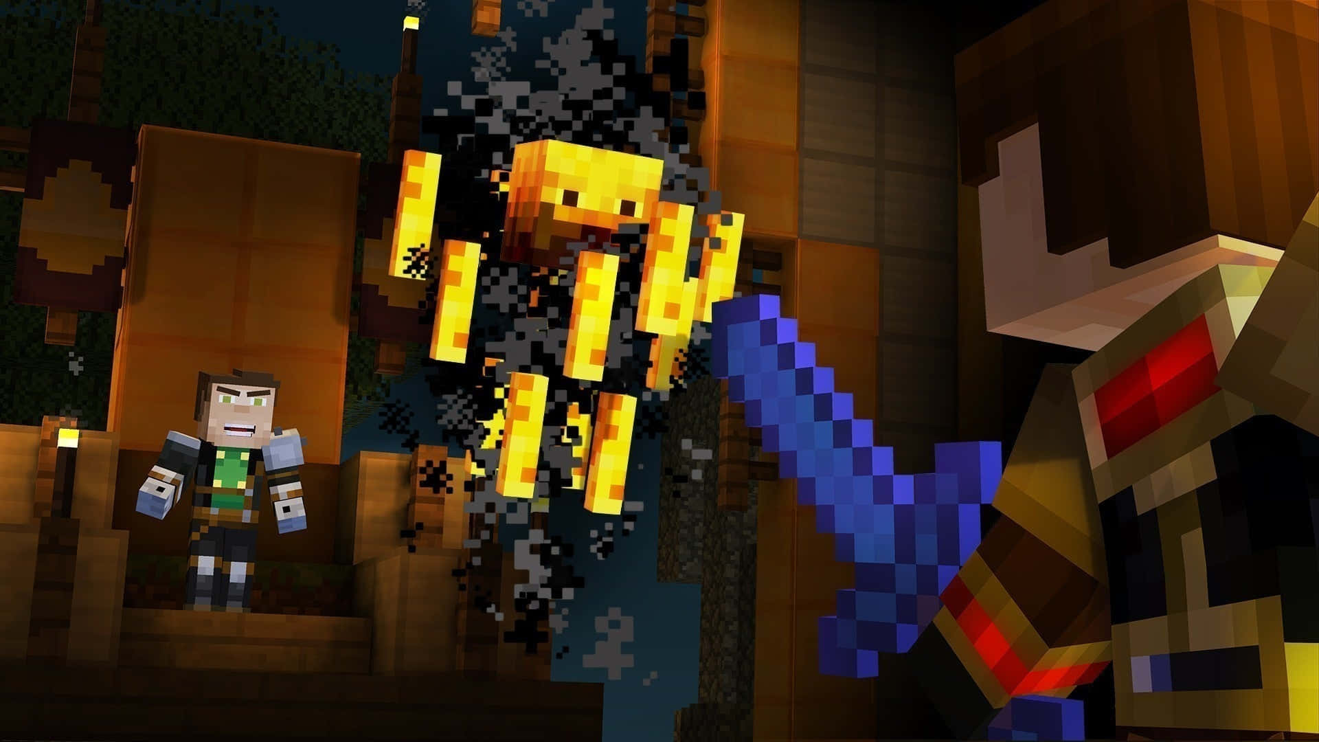 Minecraft Story Mode, glowing creeper, wooden structure, Full HD Desktop Wallpaper