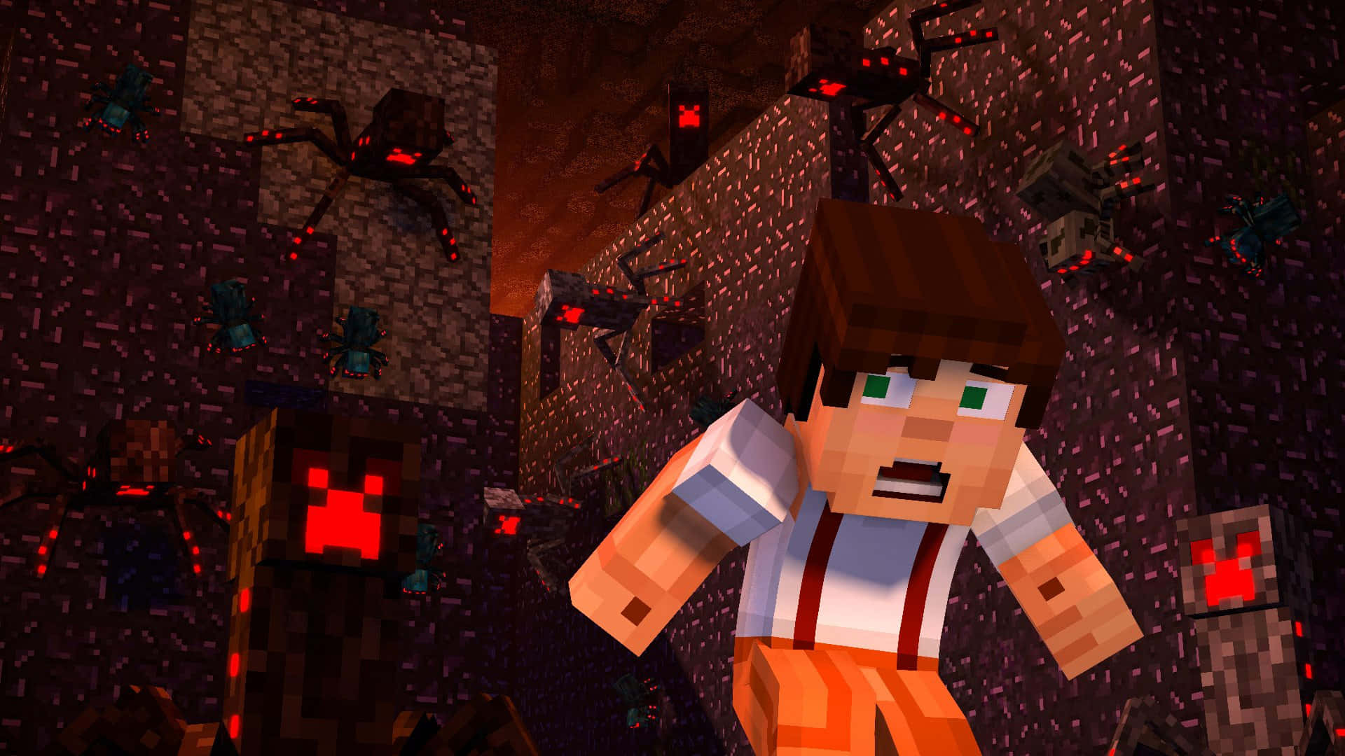 Minecraft Story Mode, pixelated Minecraft character, cave, Full HD Desktop Wallpaper