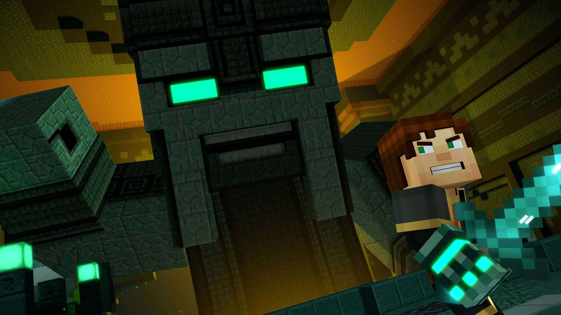 Minecraft Story Mode, glowing sword, towering stone golem, Full HD Desktop Wallpaper