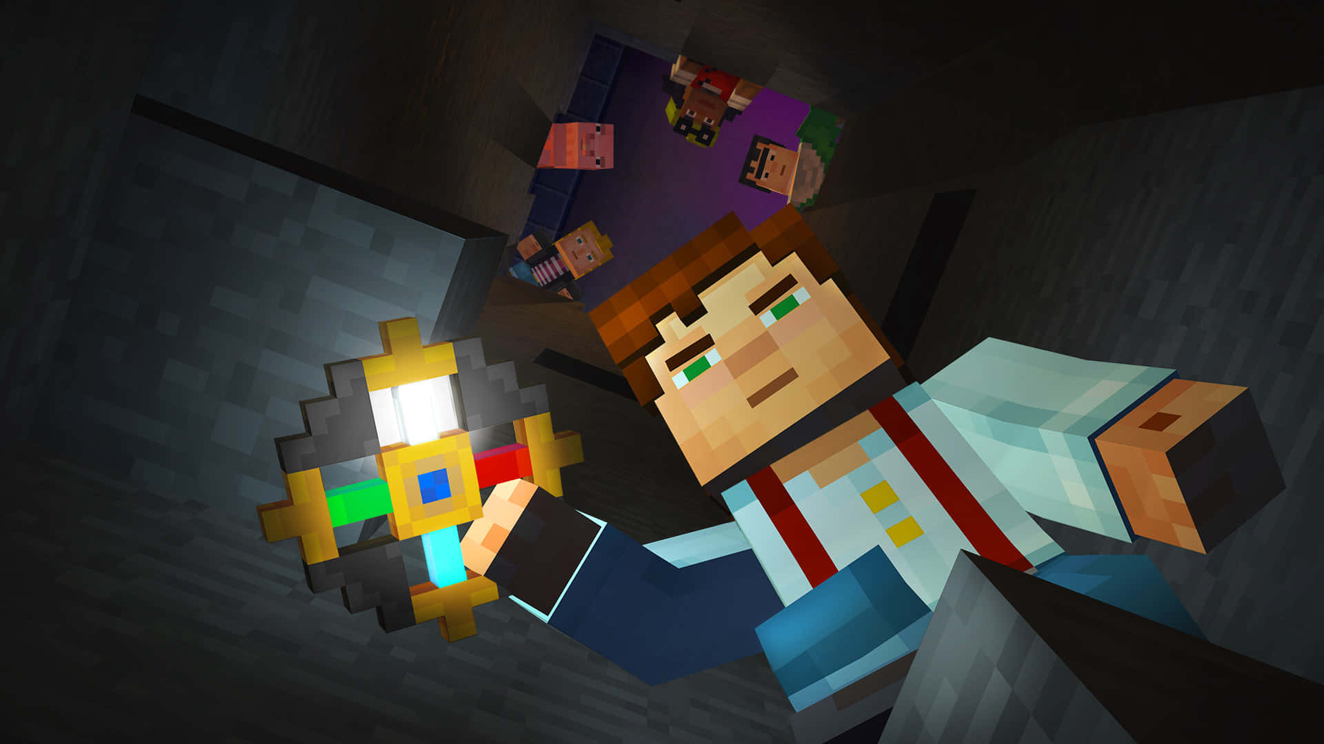 Minecraft Story Mode, glowing lantern, dark underground cave, Full HD Desktop Wallpaper