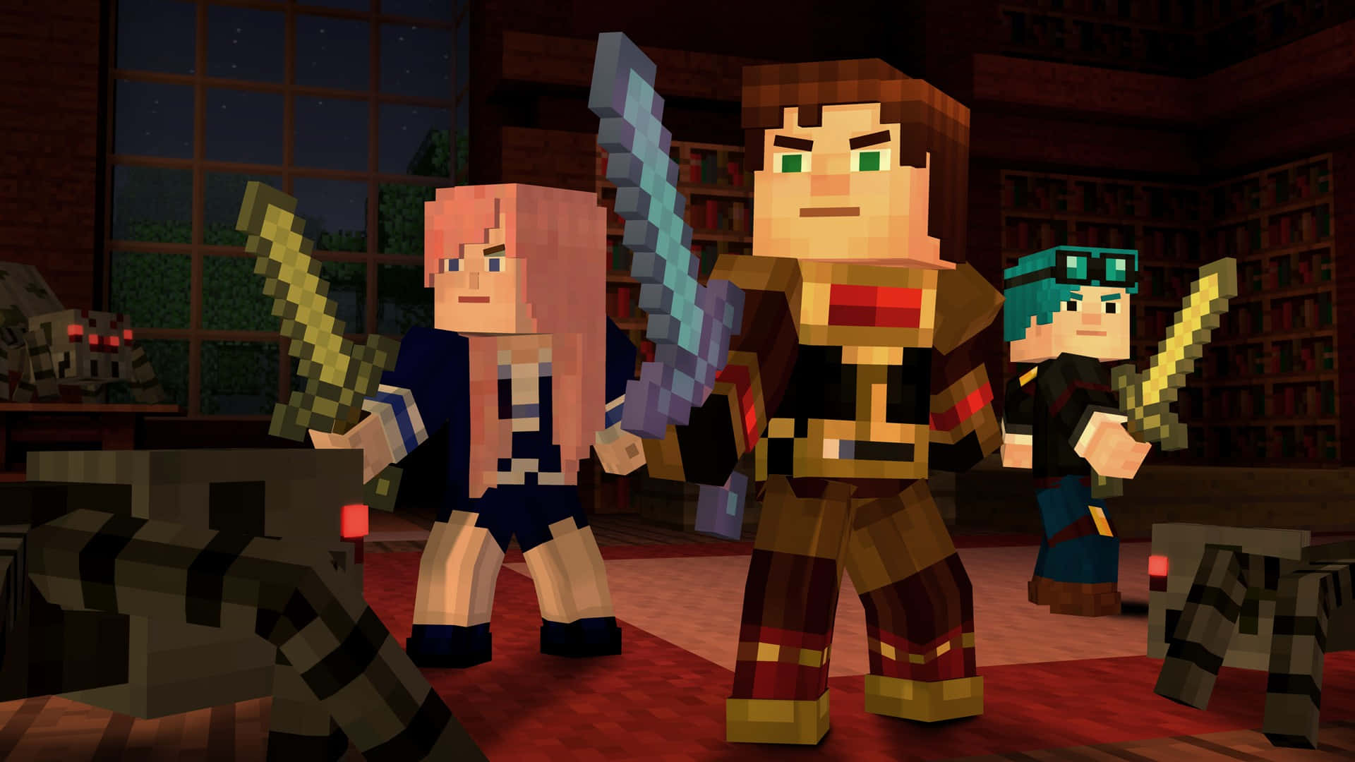 Minecraft Story Mode, pixelated Minecraft adventurers, glowing swords, Full HD Desktop Wallpaper