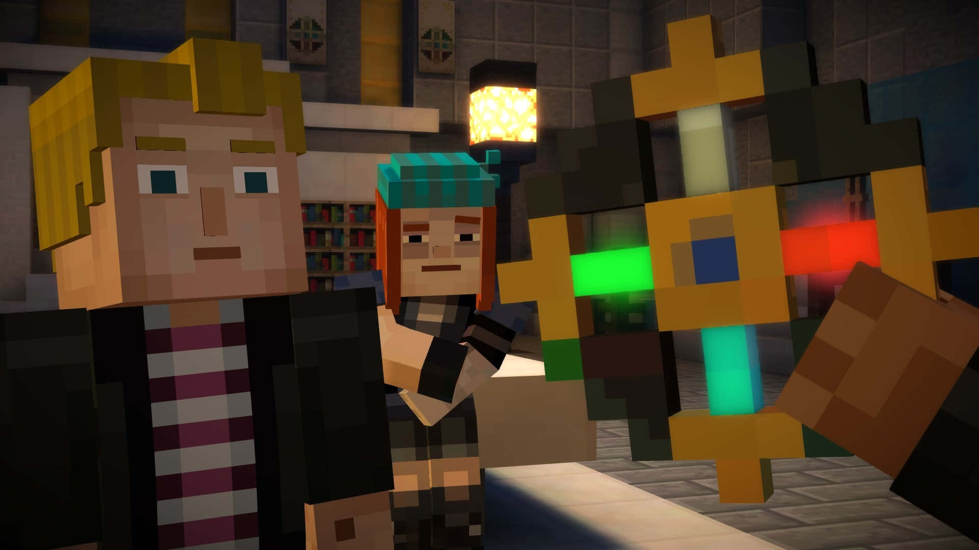 Minecraft: Story Mode, stone library, glowing enchanted weapons, Full HD Desktop Wallpaper