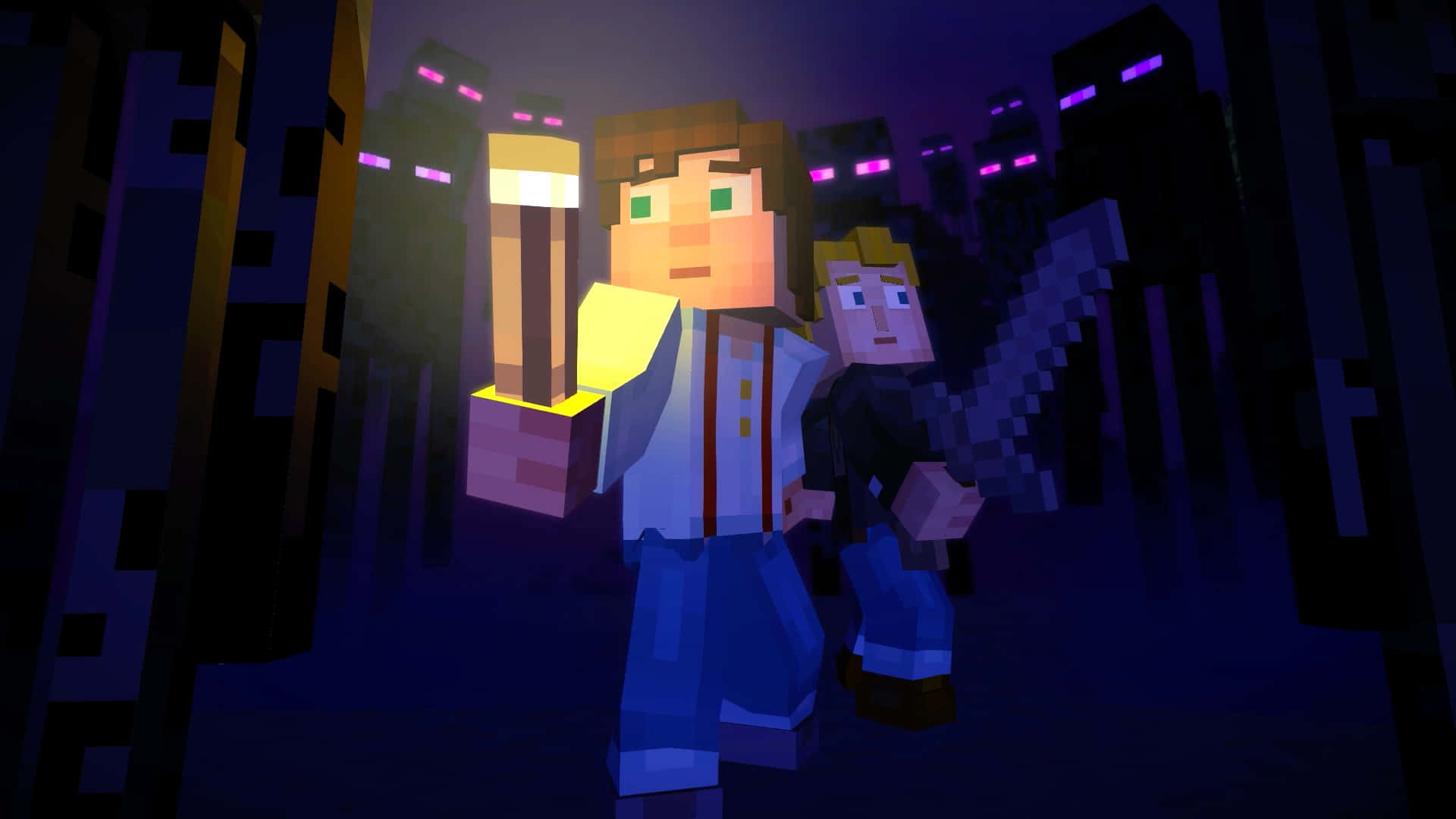 Minecraft Story Mode, pixelated Minecraft characters, torch, Full HD Desktop Wallpaper