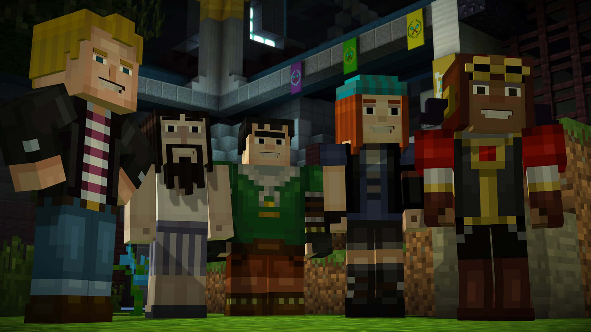 Minecraft Story Mode, blocky Minecraft characters, dimly lit pixelated village, Full HD Desktop Wallpaper