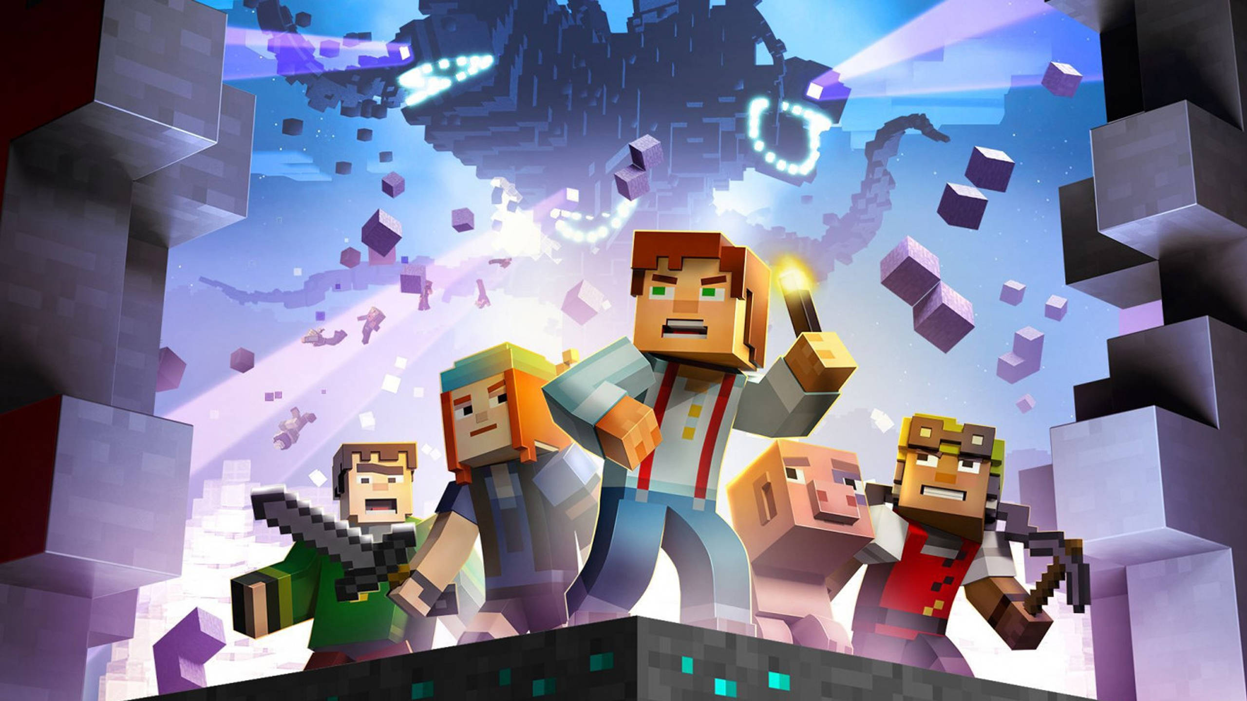 Minecraft Story Mode, blocky Minecraft characters, cliff edge, 2K Desktop Wallpaper
