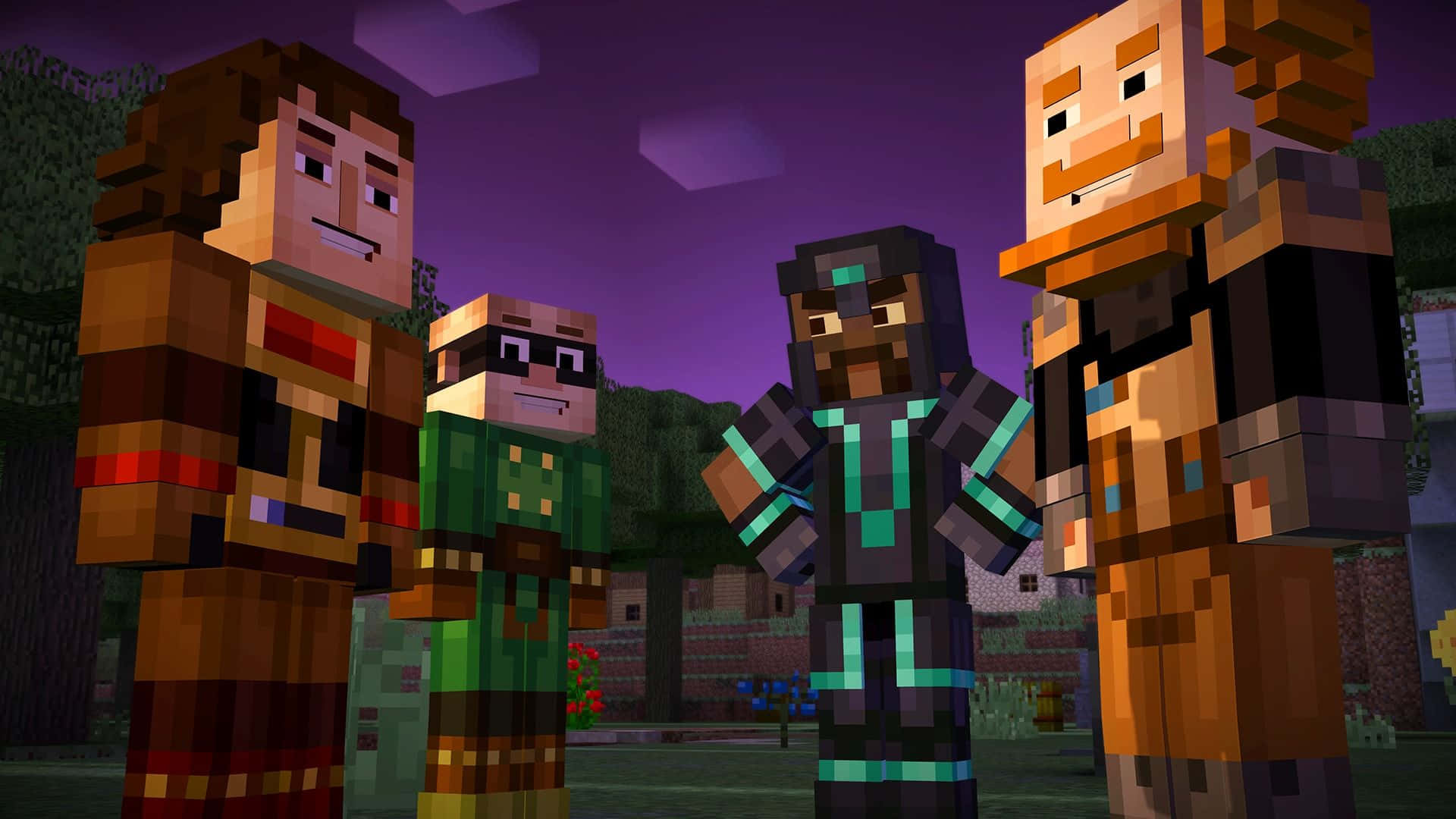 Minecraft Story Mode, pixelated Minecraft characters, forest at twilight, Full HD Desktop Wallpaper