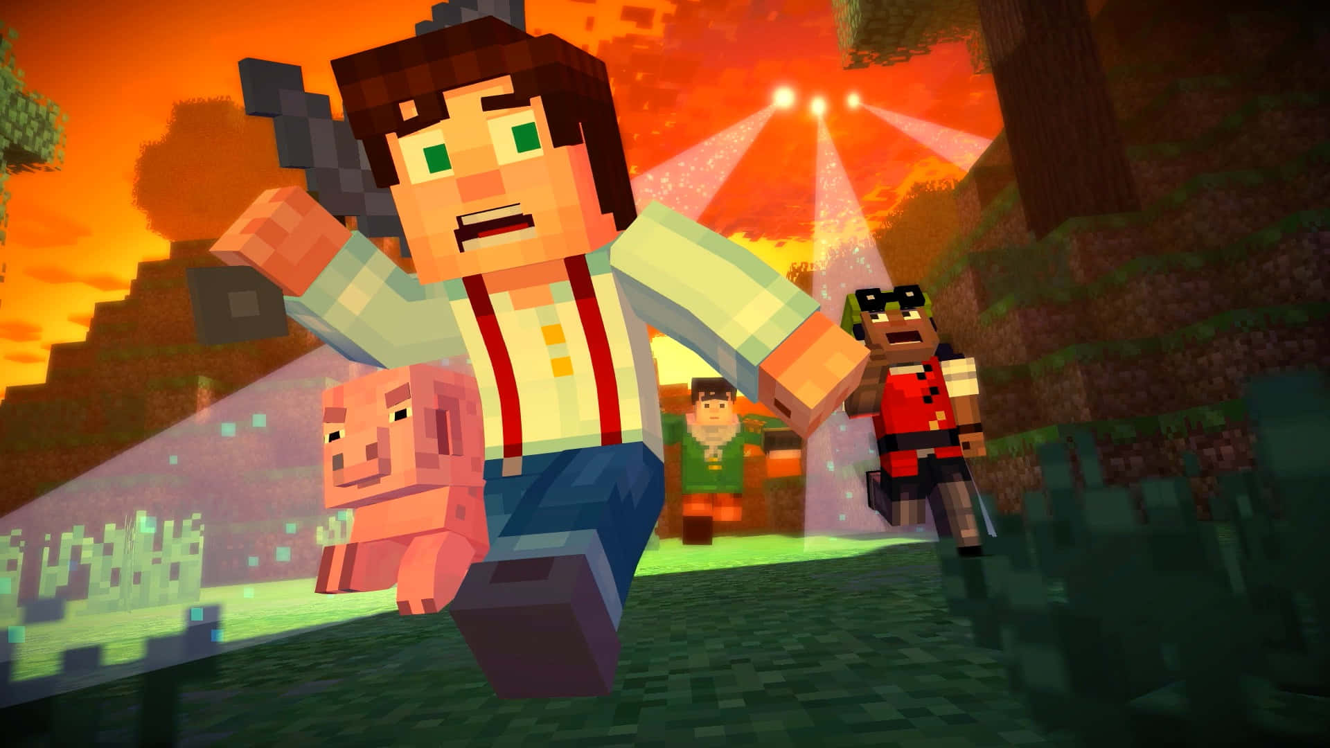 Minecraft Story Mode, forest, sunset, Full HD Desktop Wallpaper