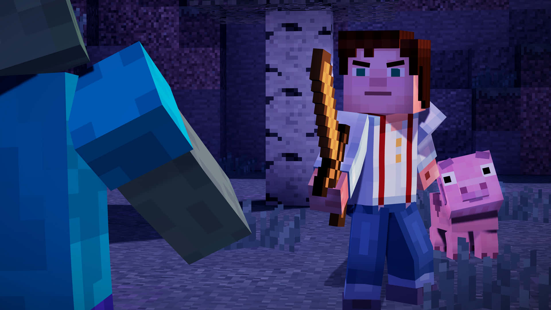 Minecraft Story Mode, pixelated Minecraft character, pig, Full HD Desktop Wallpaper
