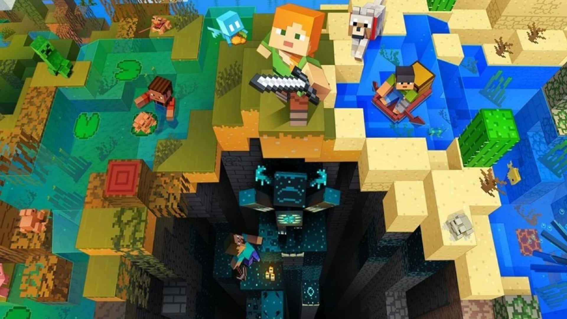 Minecraft, blocky characters, colorful pixelated world, Full HD Desktop Wallpaper