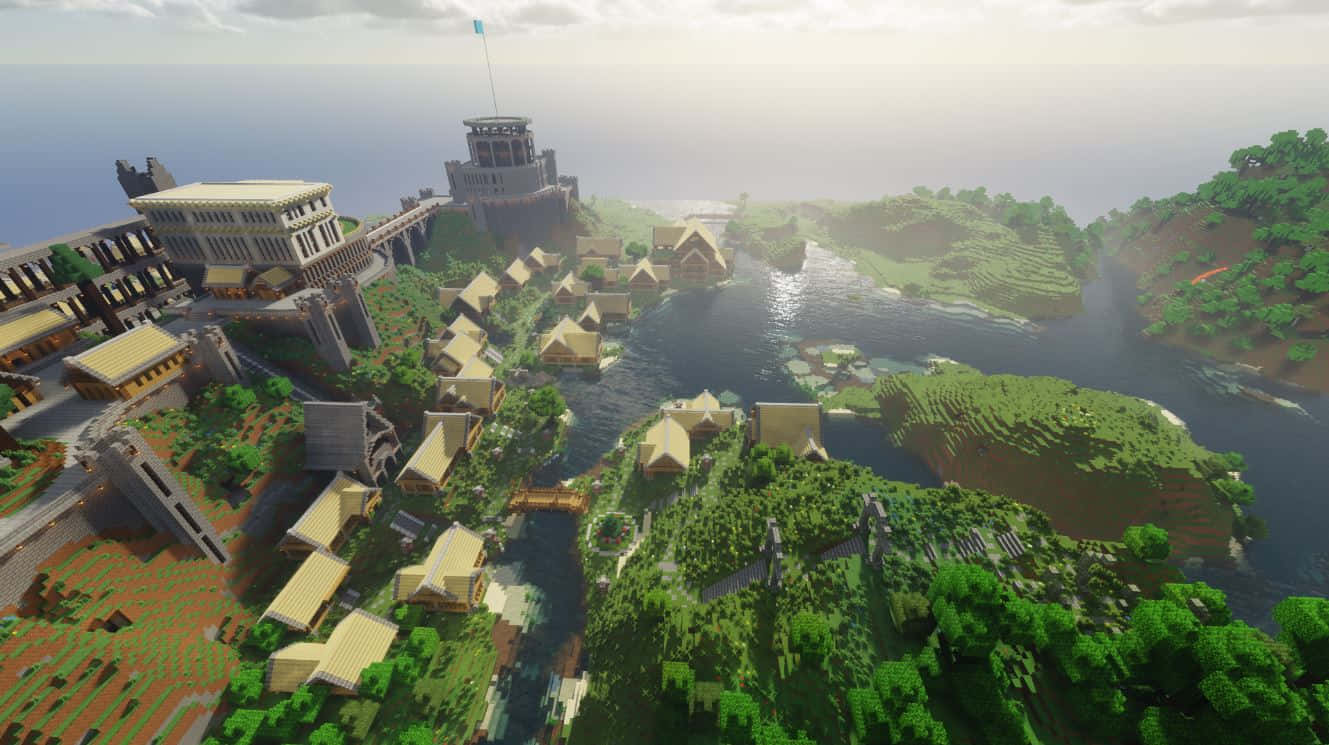 Minecraft, village, river, HD Desktop Wallpaper