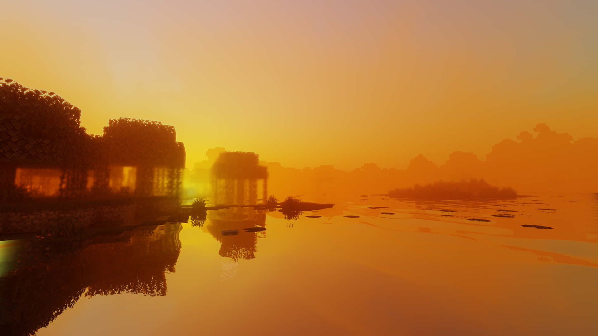 Minecraft Sunset, sunset, blocky trees, Full HD Desktop Wallpaper