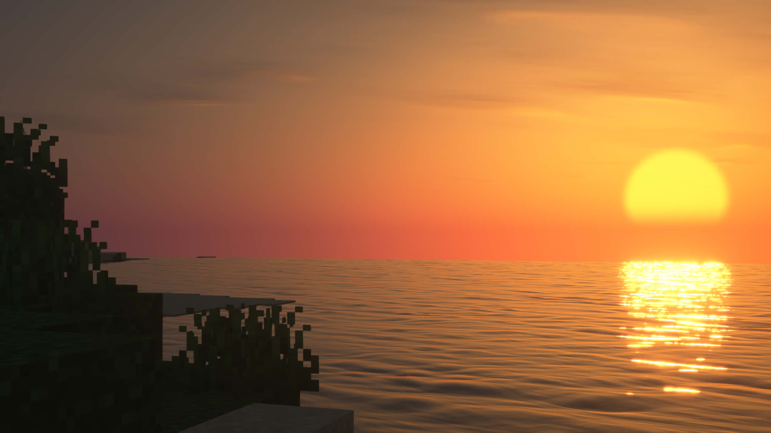 Minecraft, sunset, glowing sun, 2K Desktop Wallpaper