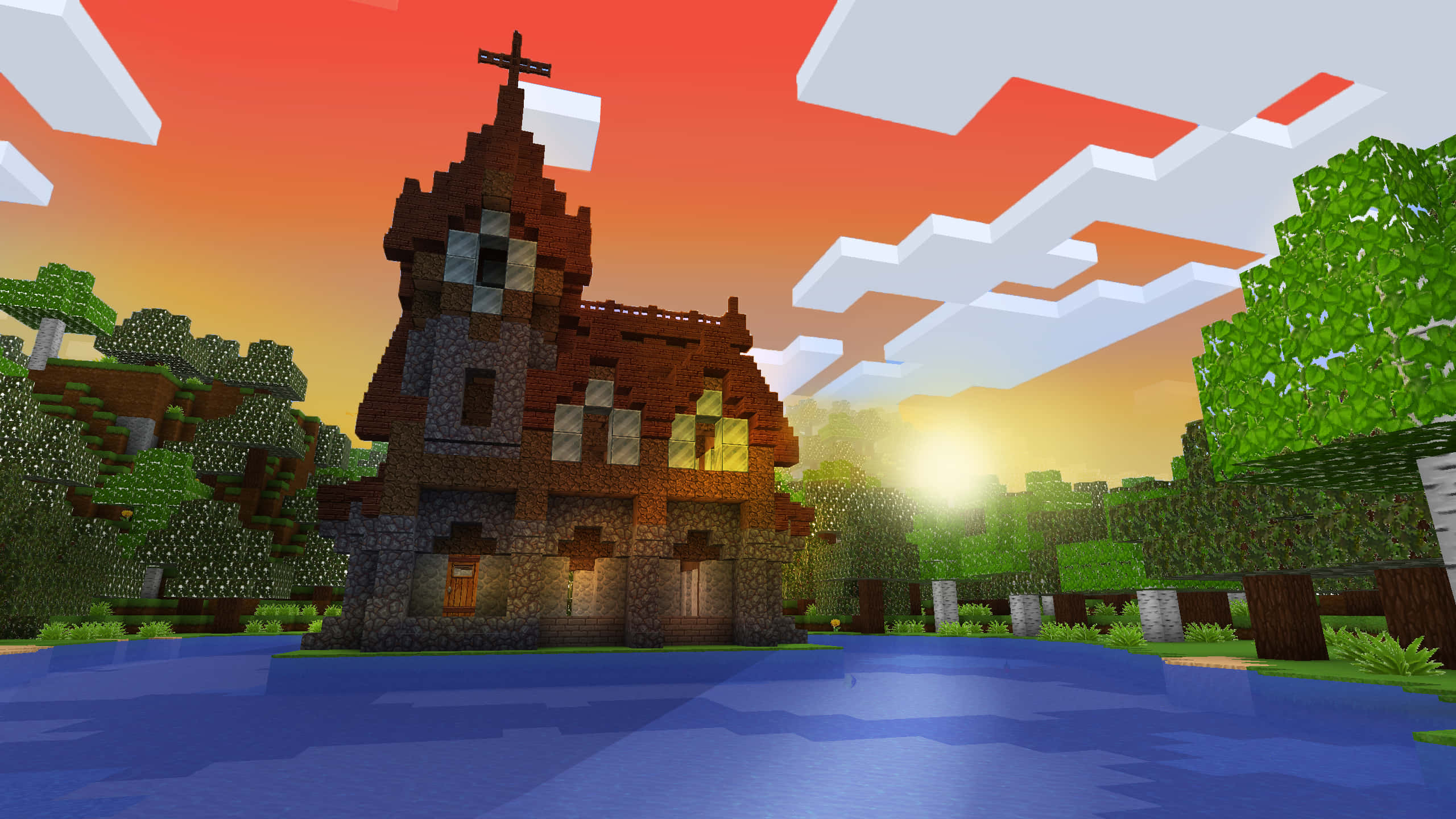 Minecraft, sunset, church, 2K Desktop Wallpaper