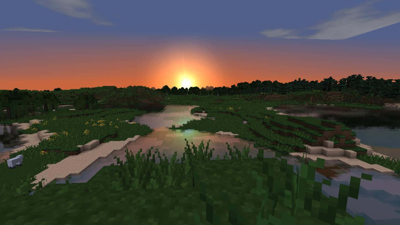 Minecraft Sunset, pixelated river, grassy terrain, HD Desktop Wallpaper