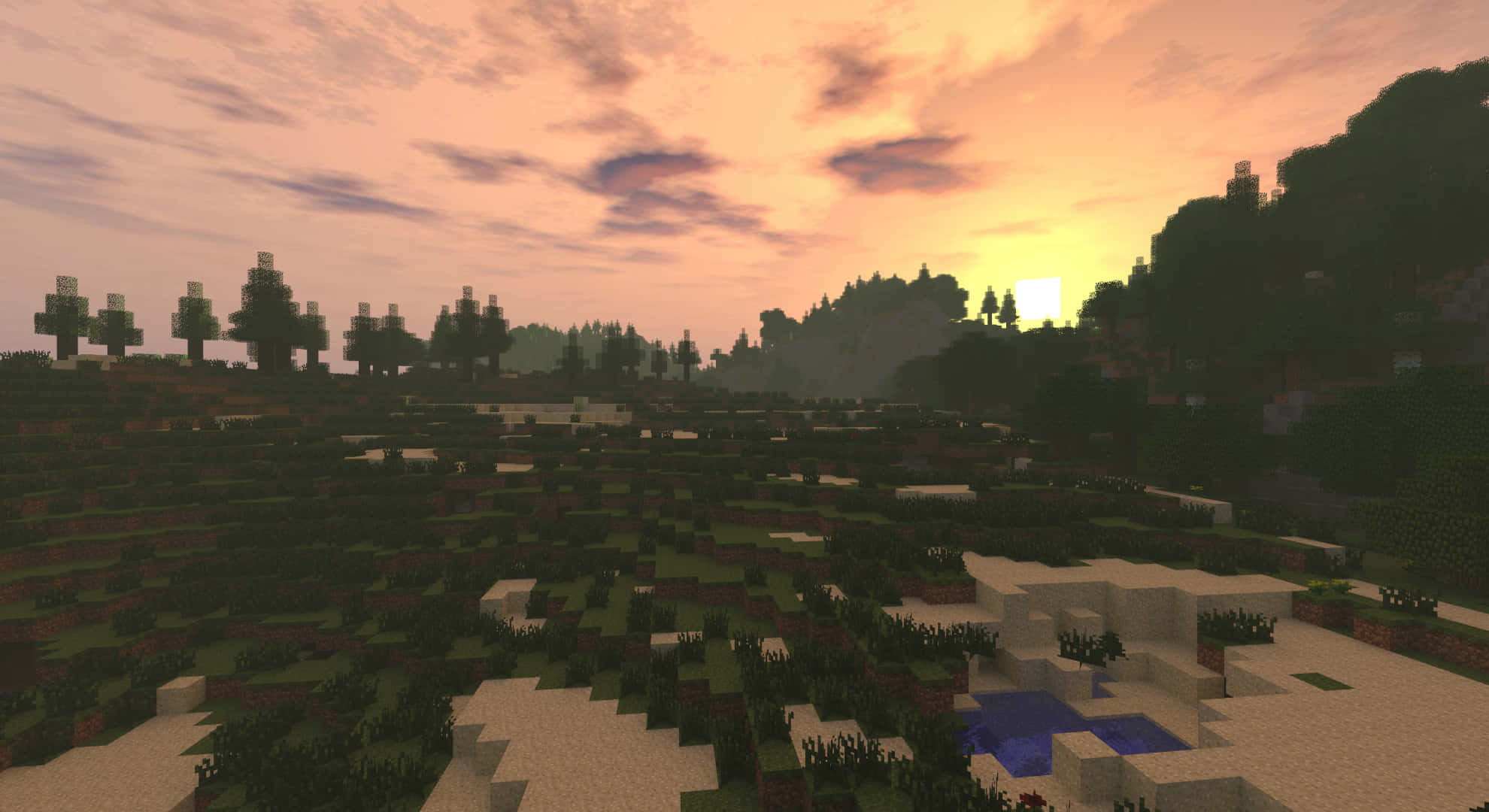 Minecraft, sunset, blocky trees, Full HD Desktop Wallpaper