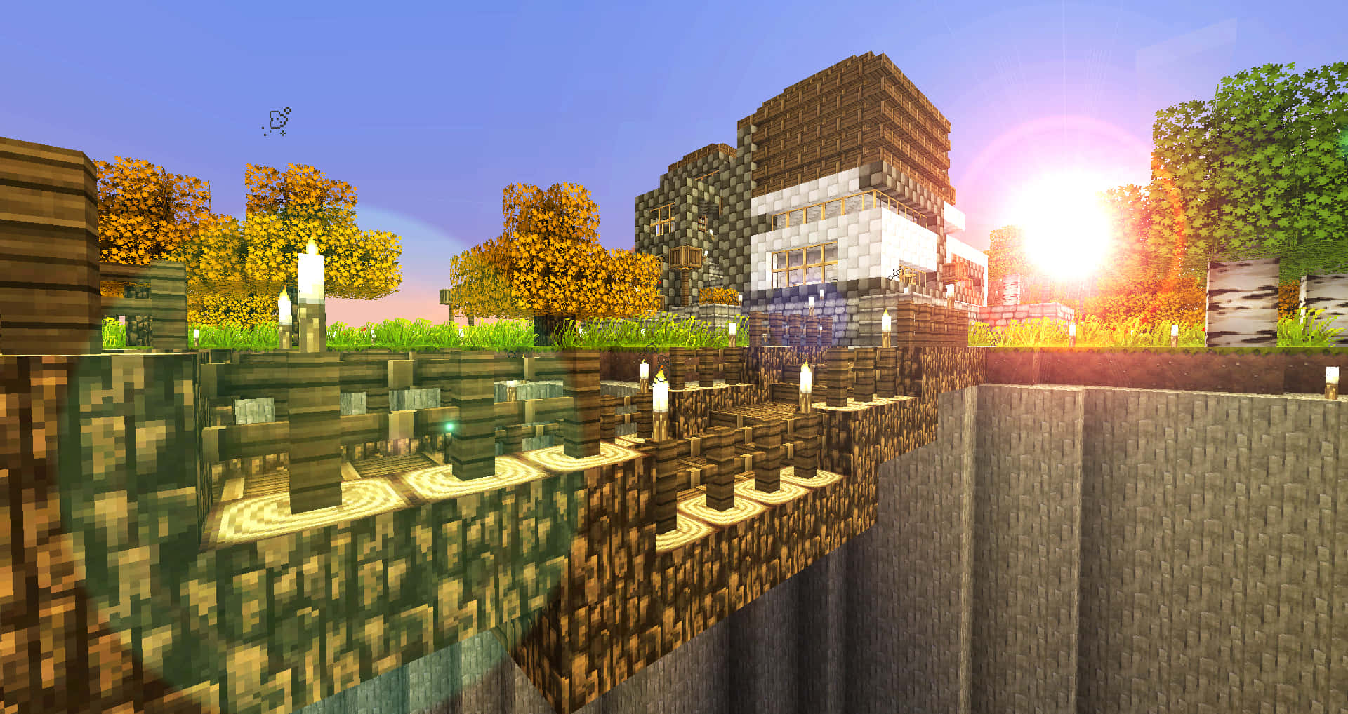 Minecraft, sunset, village, Full HD Desktop Wallpaper