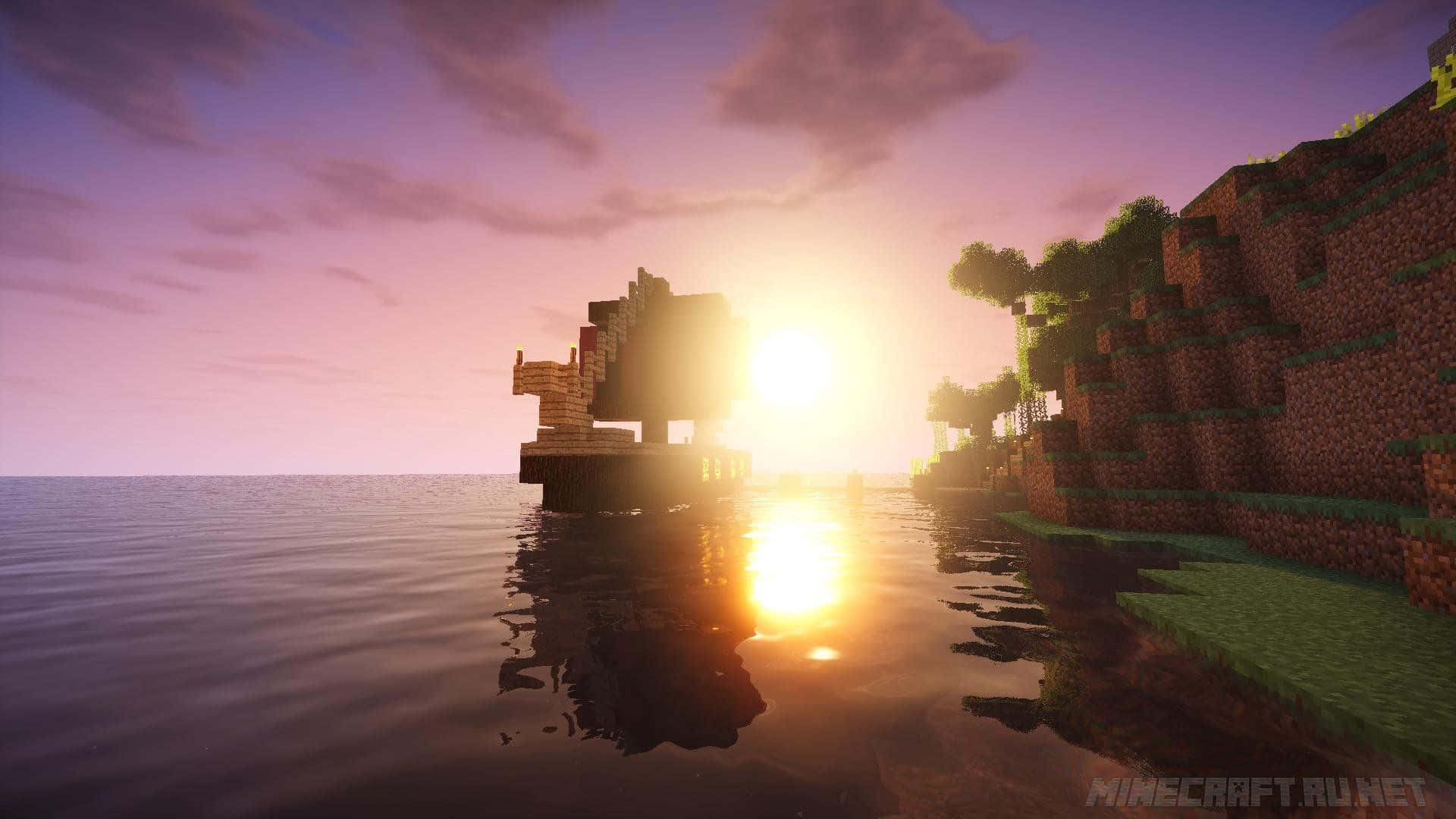 Minecraft, sunset, wooden pier, Full HD Desktop Wallpaper