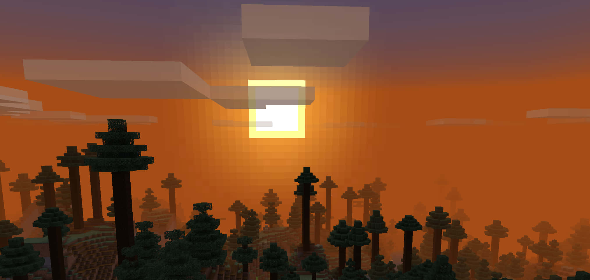 Minecraft Sunset, pixelated, blocky trees, Full HD Desktop Wallpaper