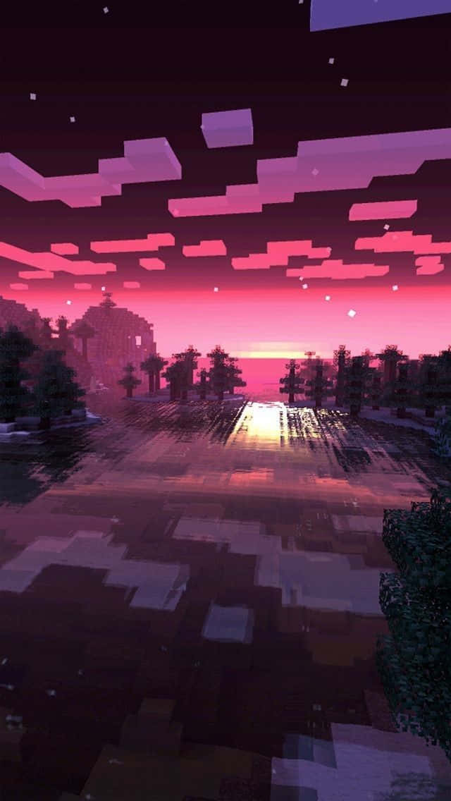 Minecraft, sunset, pink clouds, SD Phone Wallpaper
