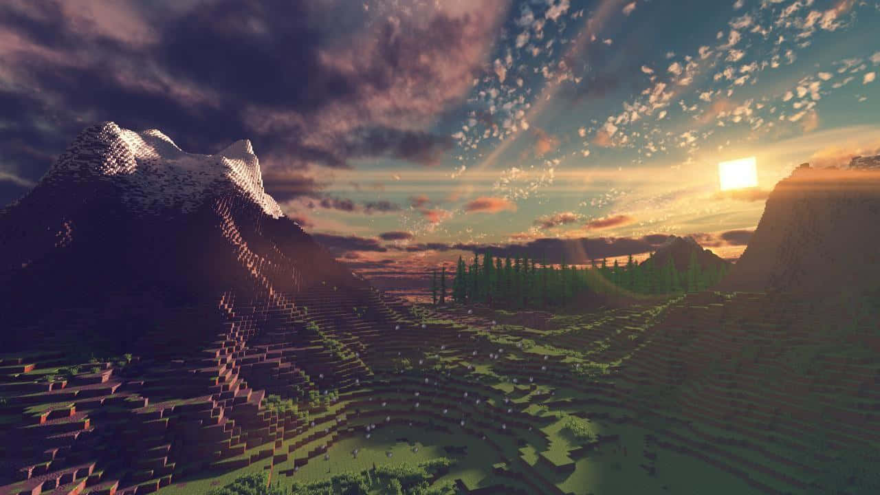 Minecraft Sunset, blocky mountain landscape, sunset, HD Desktop Wallpaper