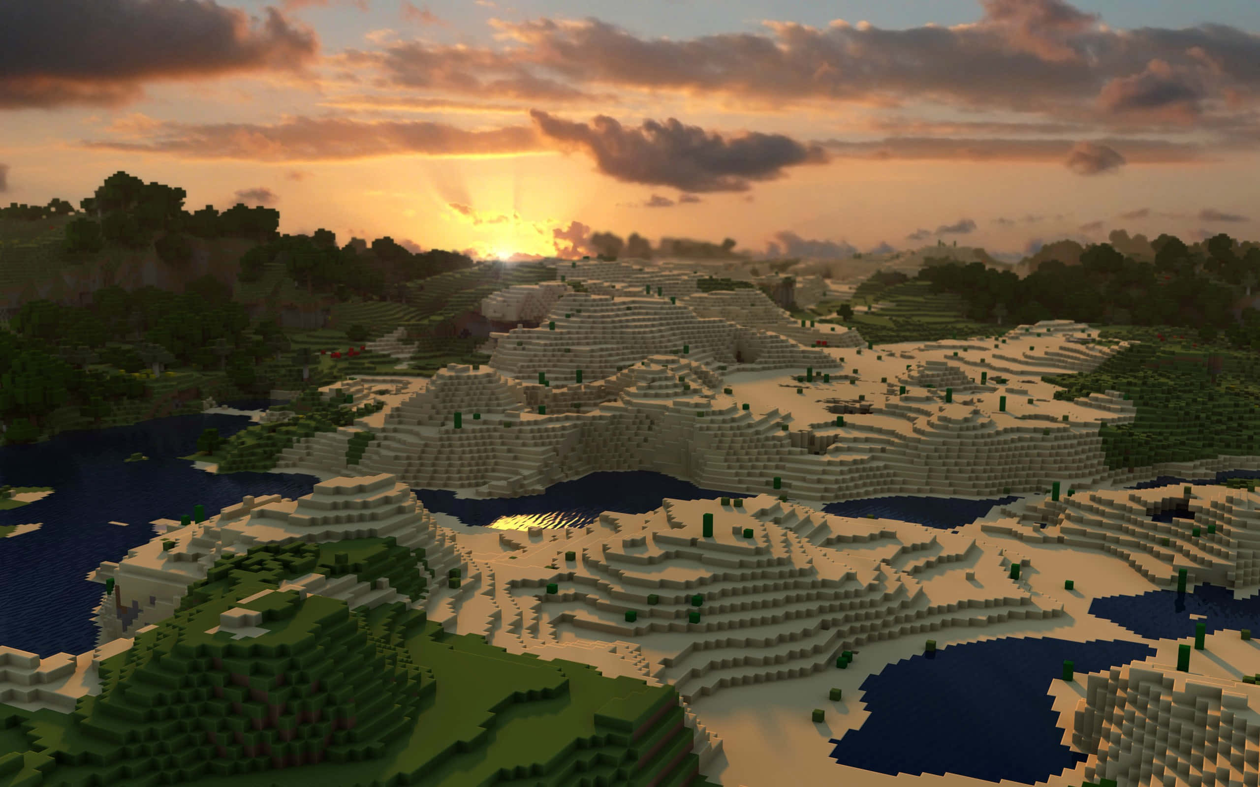 Minecraft, sunset, blocky mountains, 2K Desktop Wallpaper