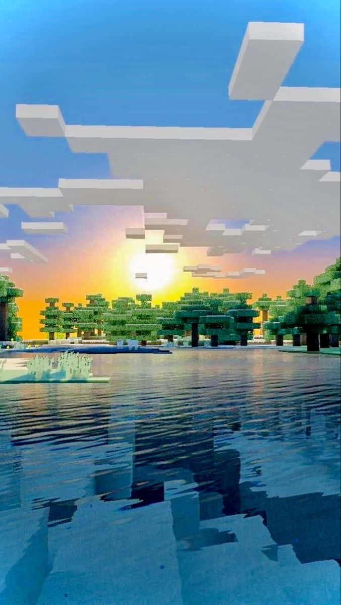 Minecraft Sunset, blocky trees, water, SD Phone Wallpaper