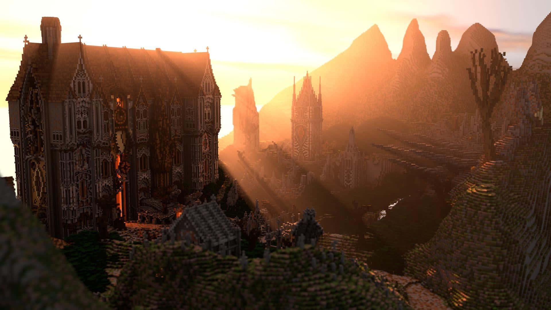 Minecraft, sunset, gothic castle, Full HD Desktop Wallpaper