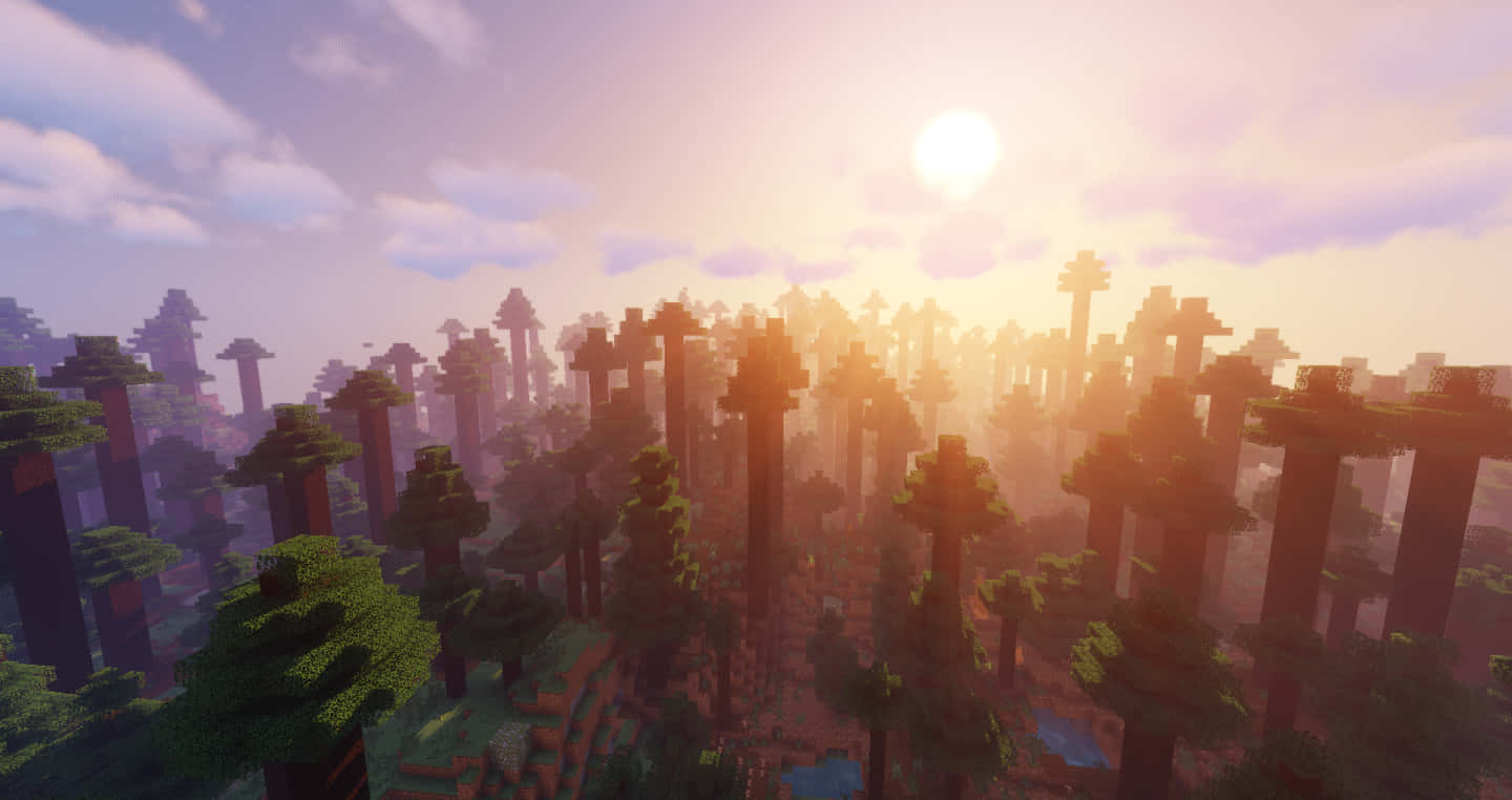 Minecraft Sunset, Minecraft forest, towering pixelated trees, HD Desktop Wallpaper