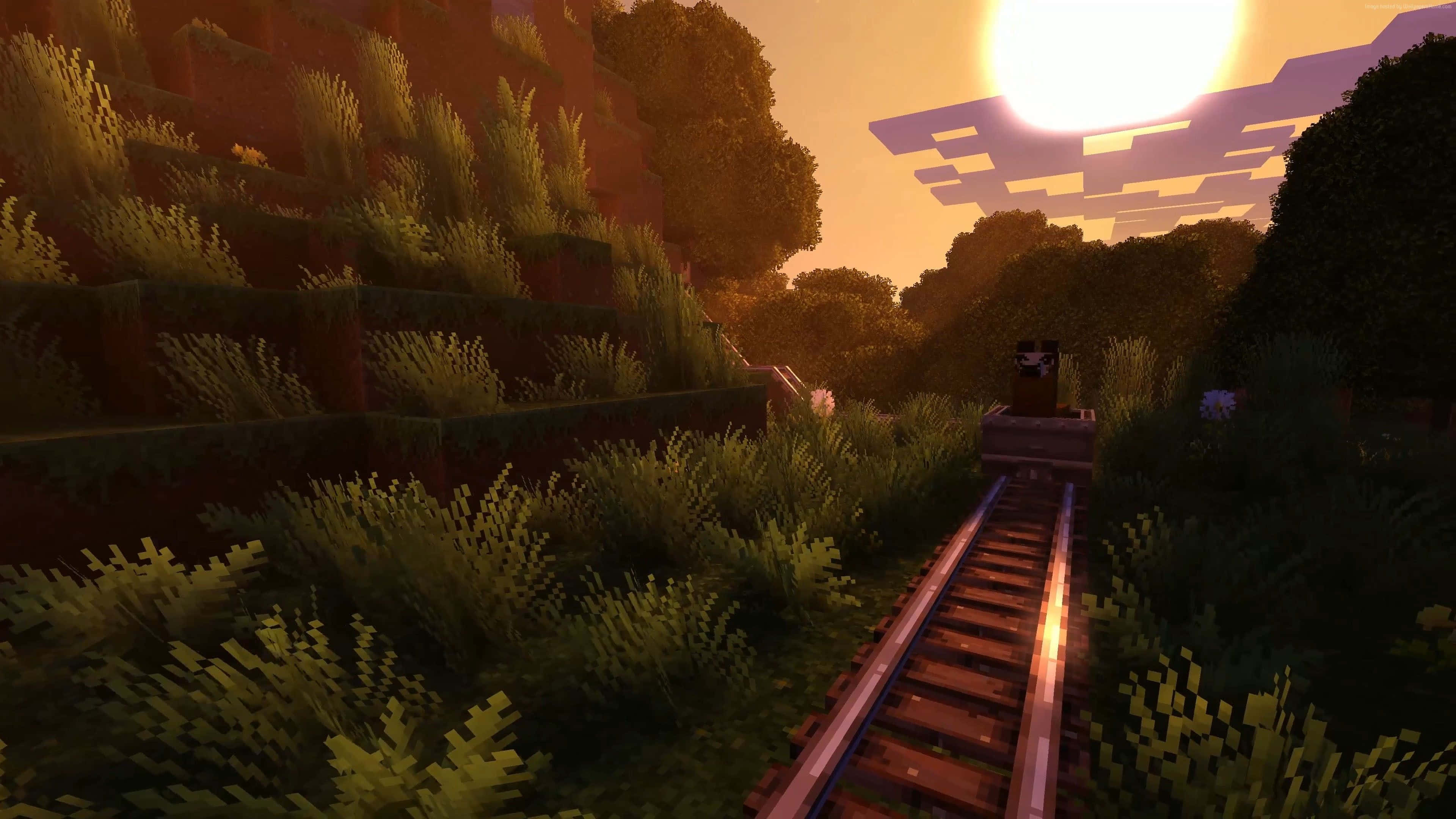 Minecraft, sunset, pixelated train, 4K Desktop Wallpaper