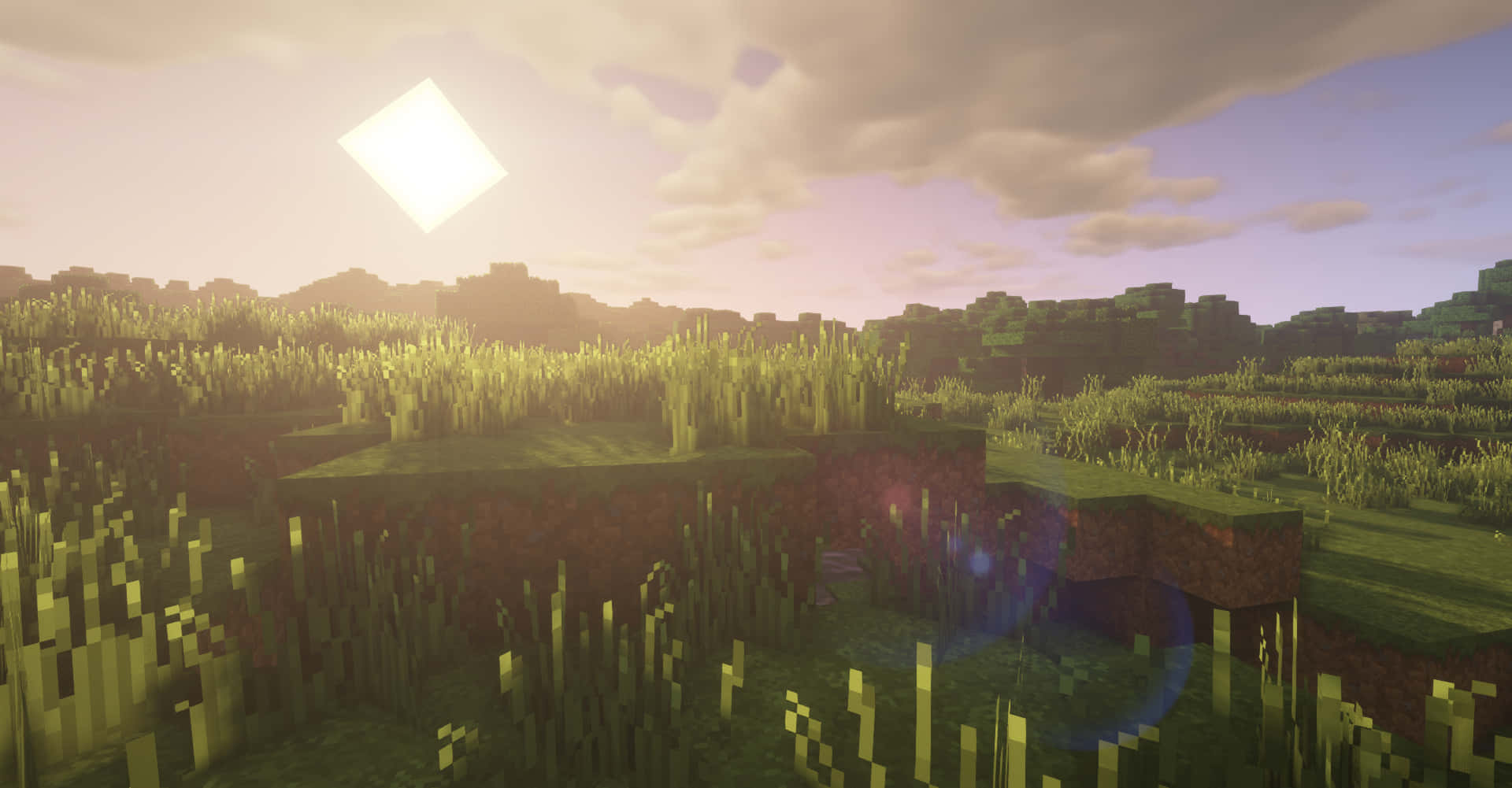 Minecraft, Sunset, Grassy Hills, Full HD Desktop Wallpaper