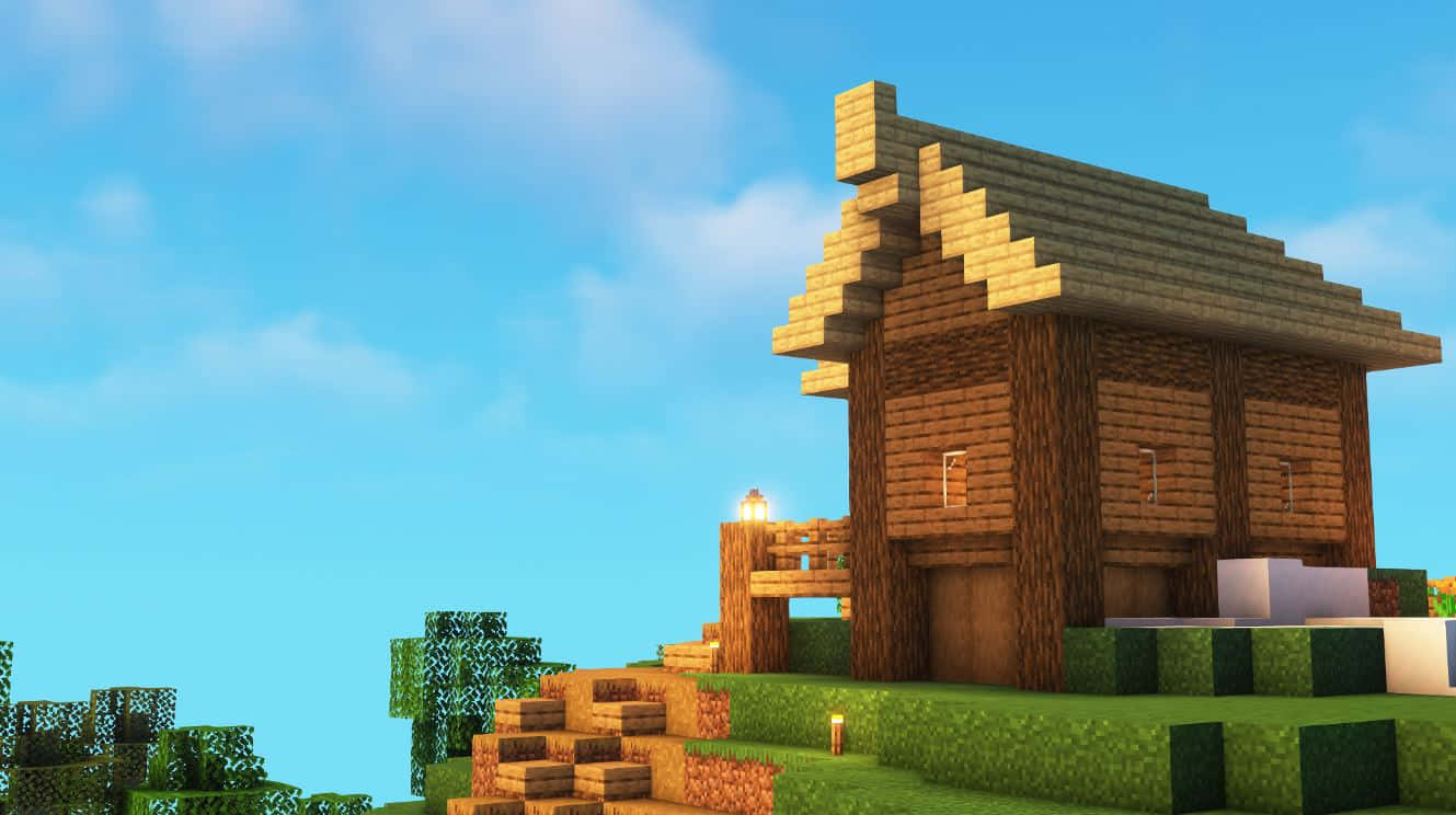 Minecraft Survival, pixelated wooden house, sloped roof, HD Desktop Wallpaper
