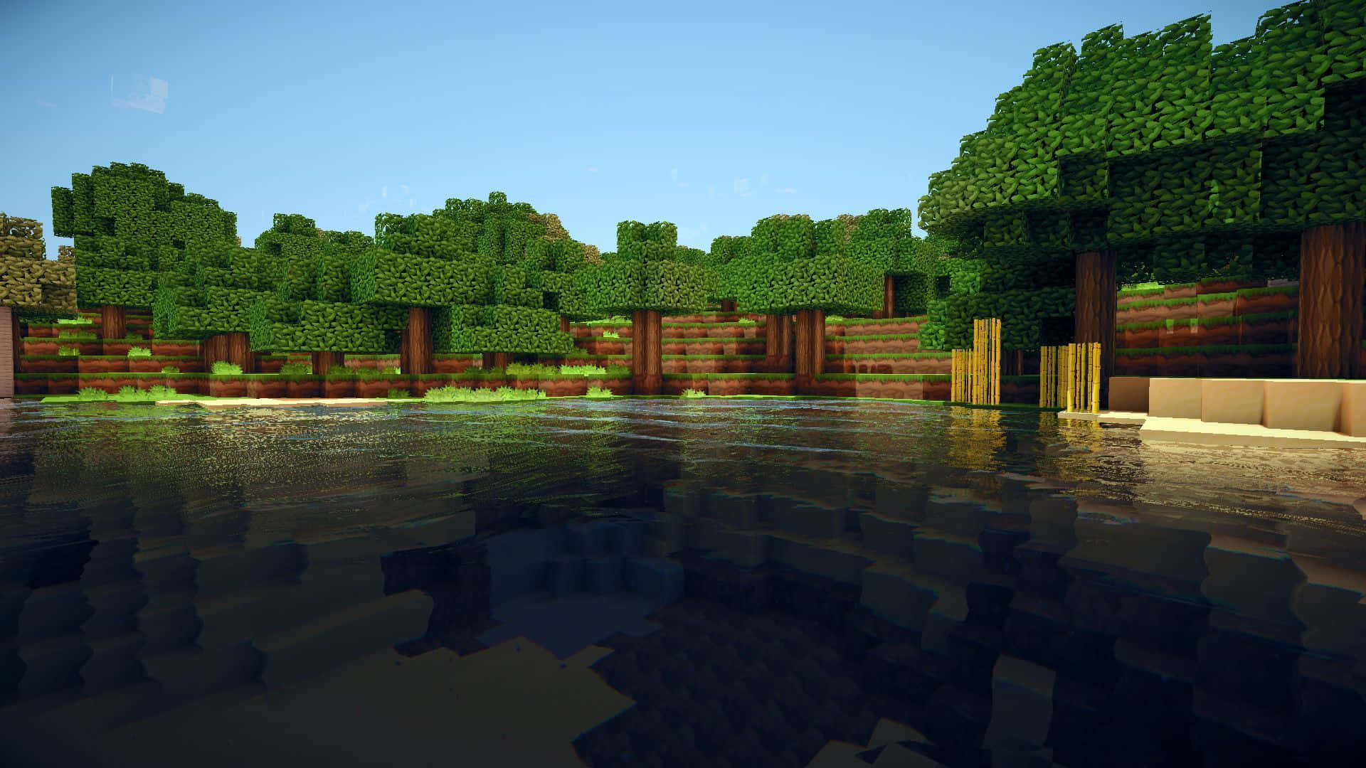 Minecraft Survival, blocky green trees, calm water, Full HD Desktop Wallpaper