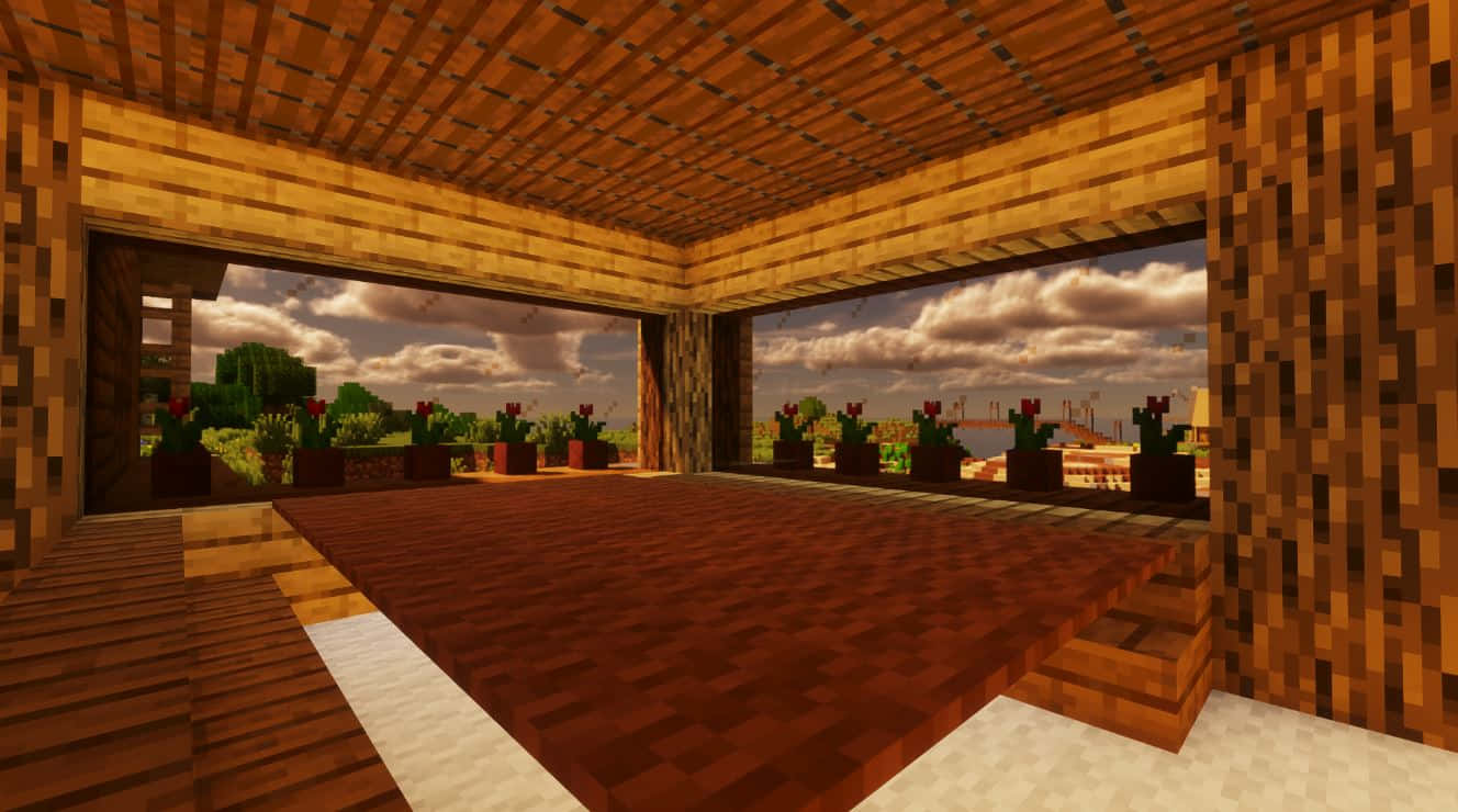 Minecraft Survival, wooden room, red carpet, HD Desktop Wallpaper
