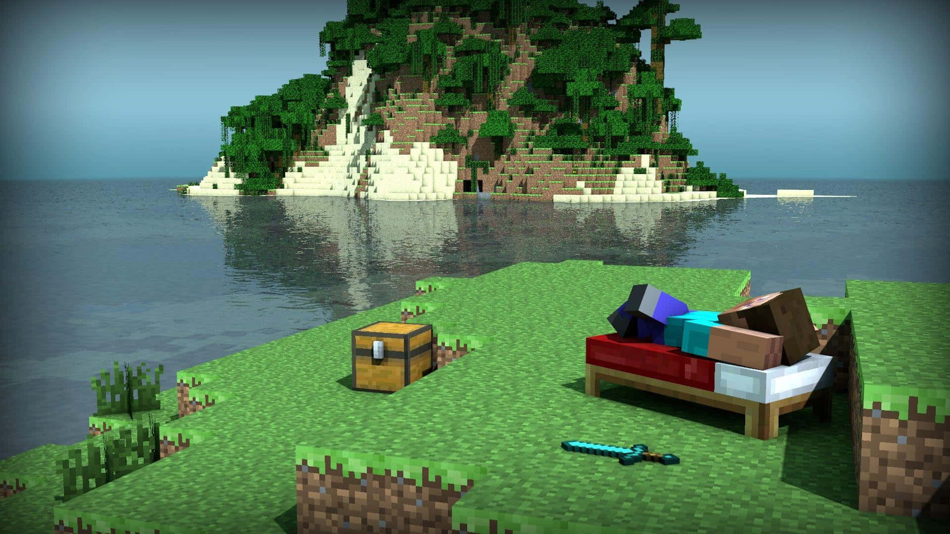 Minecraft, pixelated island, treasure chest, Full HD Desktop Wallpaper
