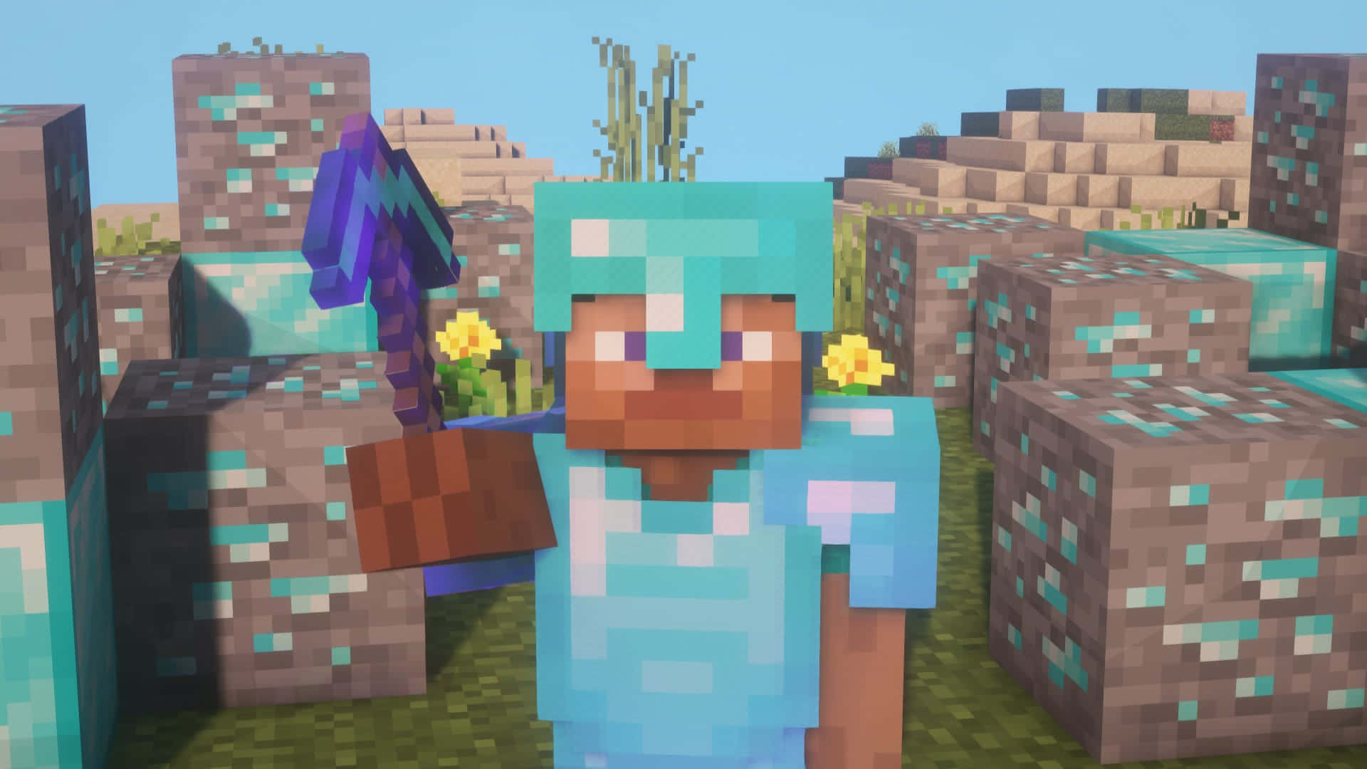 Minecraft Survival, diamond armor, purple enchanted sword, Full HD Desktop Wallpaper